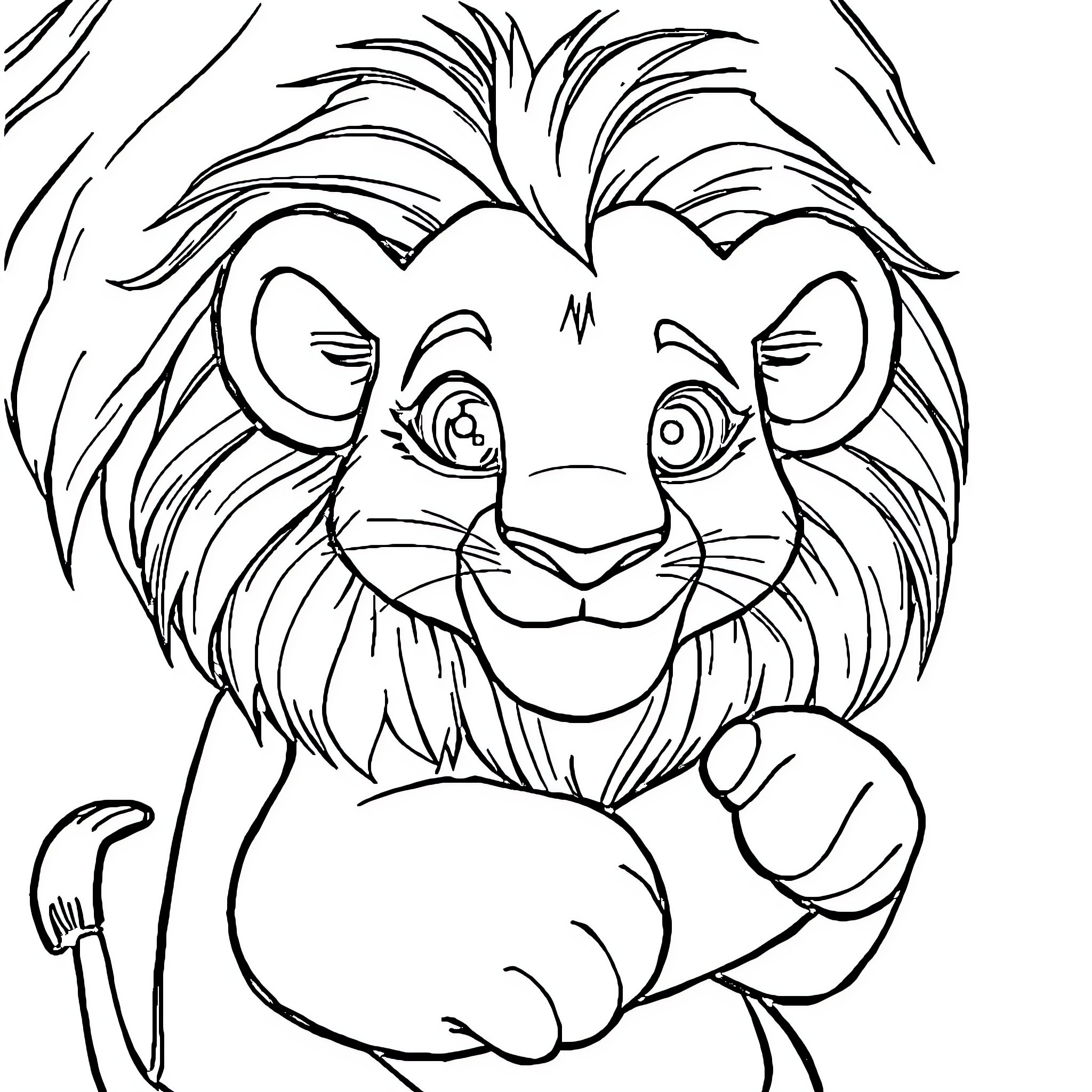 Simba's Playful Expression Coloring Page (free black-and-white line drawing printable PDF for all, from beginners to advanced learners, including children, teens, adults, and seniors)