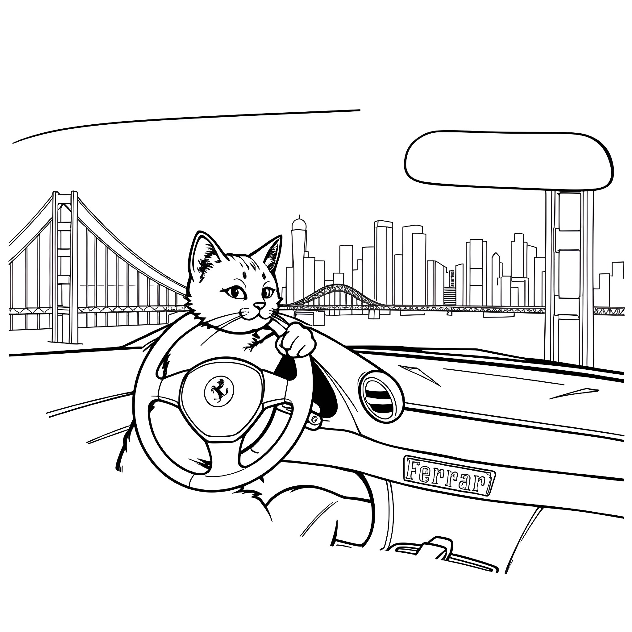 Cat driving a sports car in the city Coloring Page (free black-and-white line drawing printable PDF for all, from beginners to advanced learners, including children, teens, adults, and seniors)