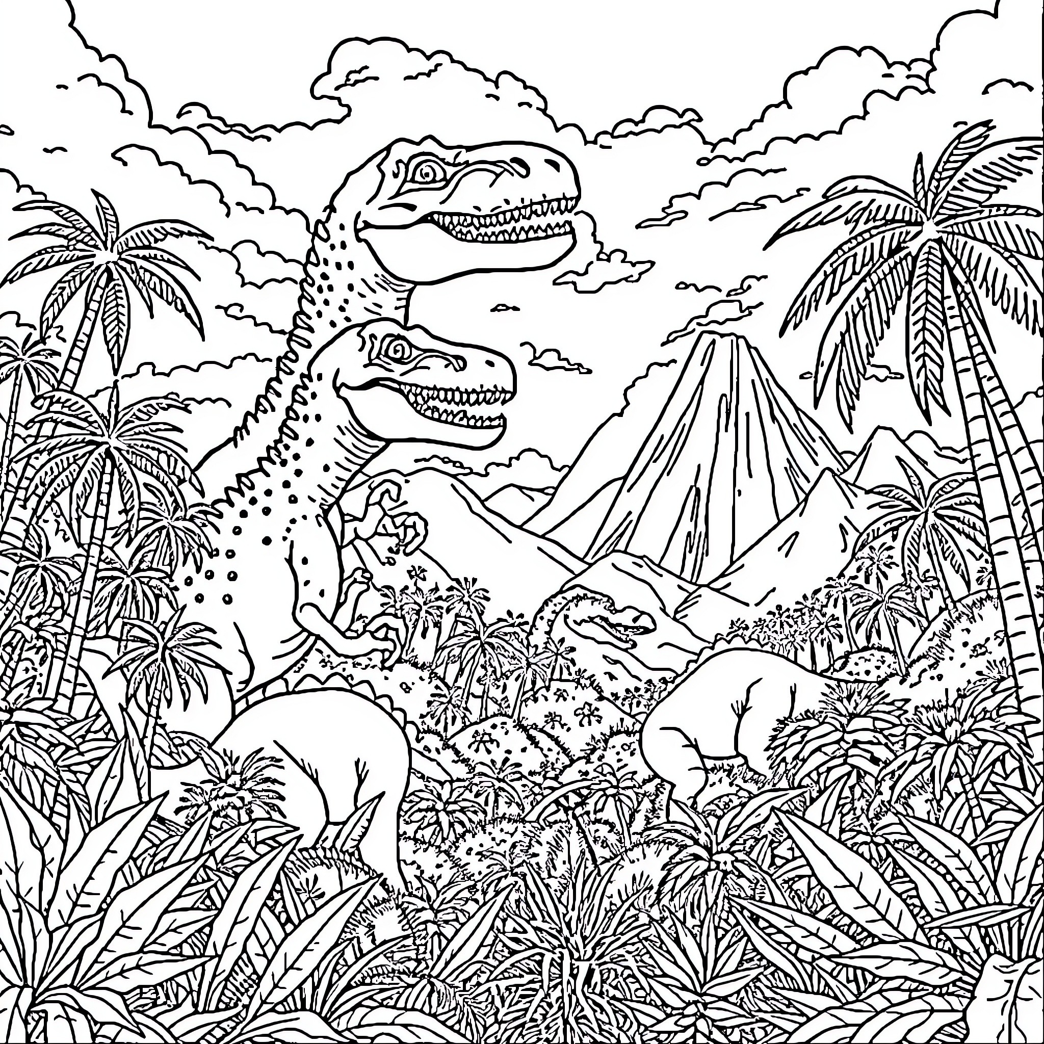 Jurassic Park Dinosaur Encounter with Volcanic Landscape Coloring Page (free black-and-white line drawing printable PDF for all, from beginners to advanced learners, including children, teens, adults, and seniors)
