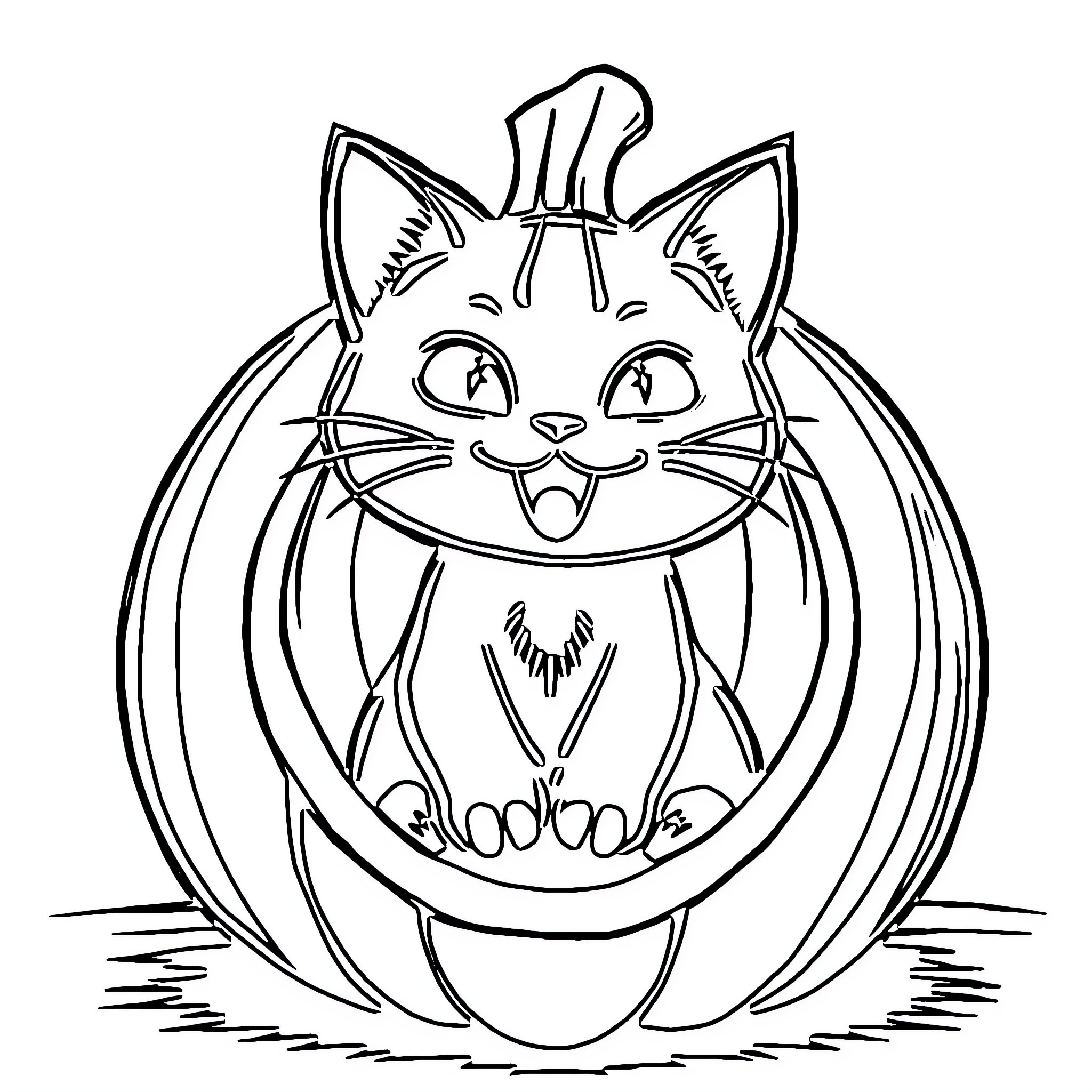Cat in a Jack-o'-lantern Coloring Page (free black-and-white line drawing printable PDF for all, from beginners to advanced learners, including children, teens, adults, and seniors)