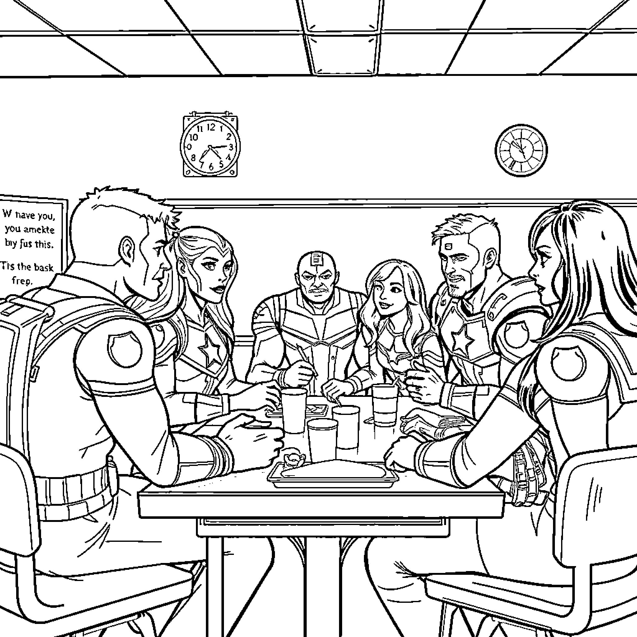 Avenger Team Gathered for a Briefing Coloring Page (free black-and-white line drawing printable PDF for all, from beginners to advanced learners, including children, teens, adults, and seniors)