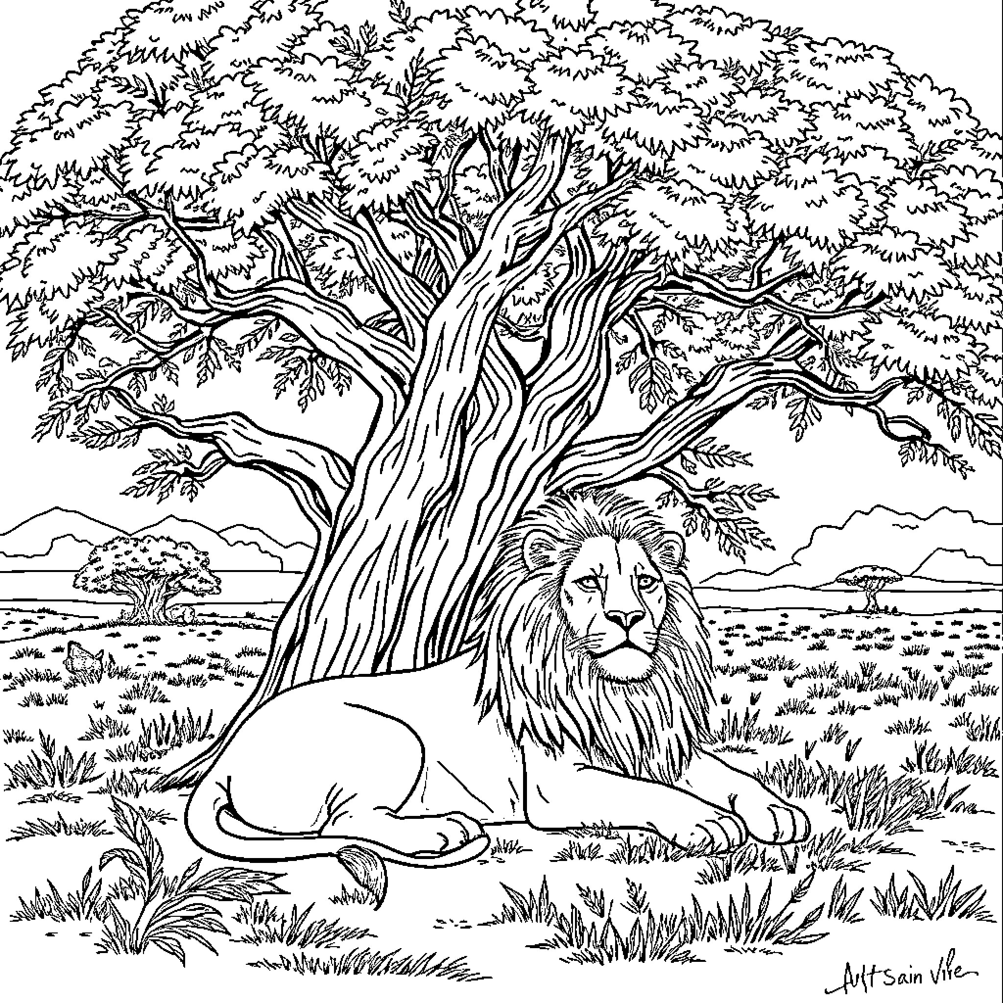 Lion resting under a large tree in a natural setting Coloring Page (free black-and-white line drawing printable PDF for all, from beginners to advanced learners, including children, teens, adults, and seniors)