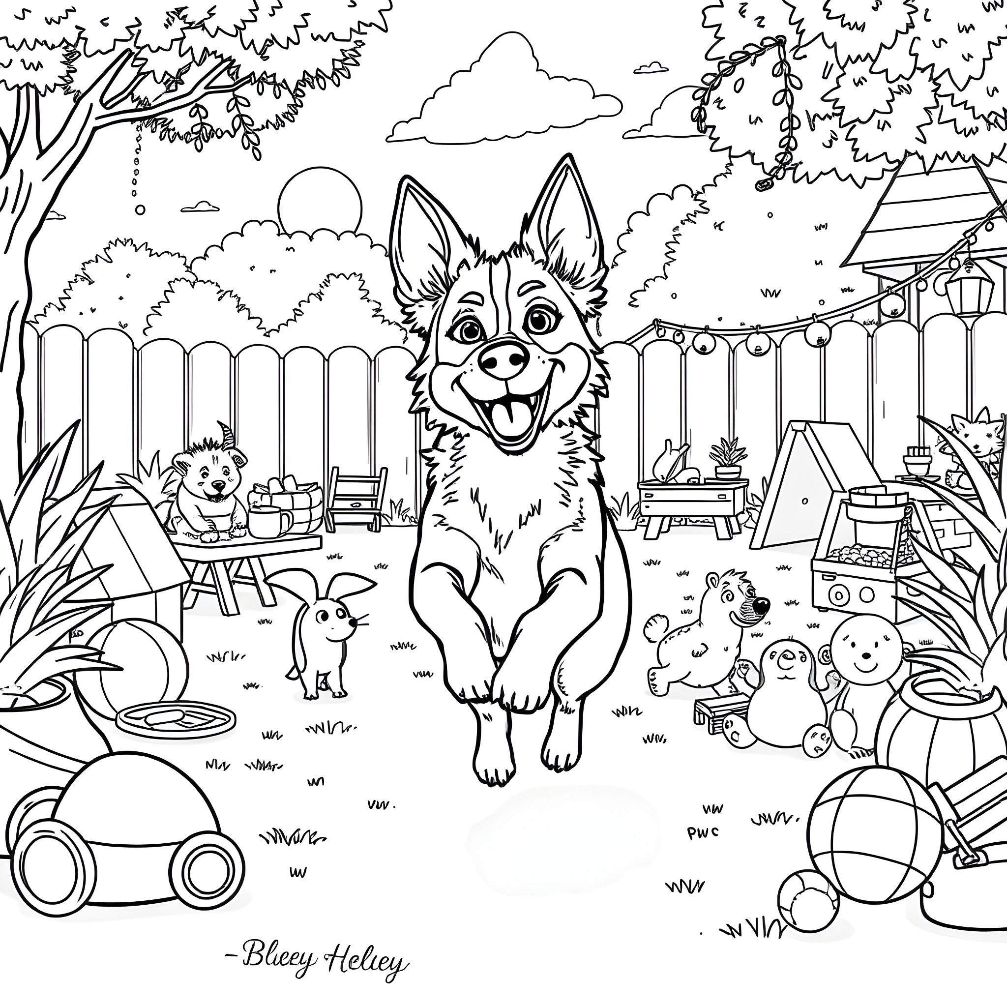 Bluey's Backyard Adventure Coloring Page (free black-and-white line drawing printable PDF for all, from beginners to advanced learners, including children, teens, adults, and seniors)
