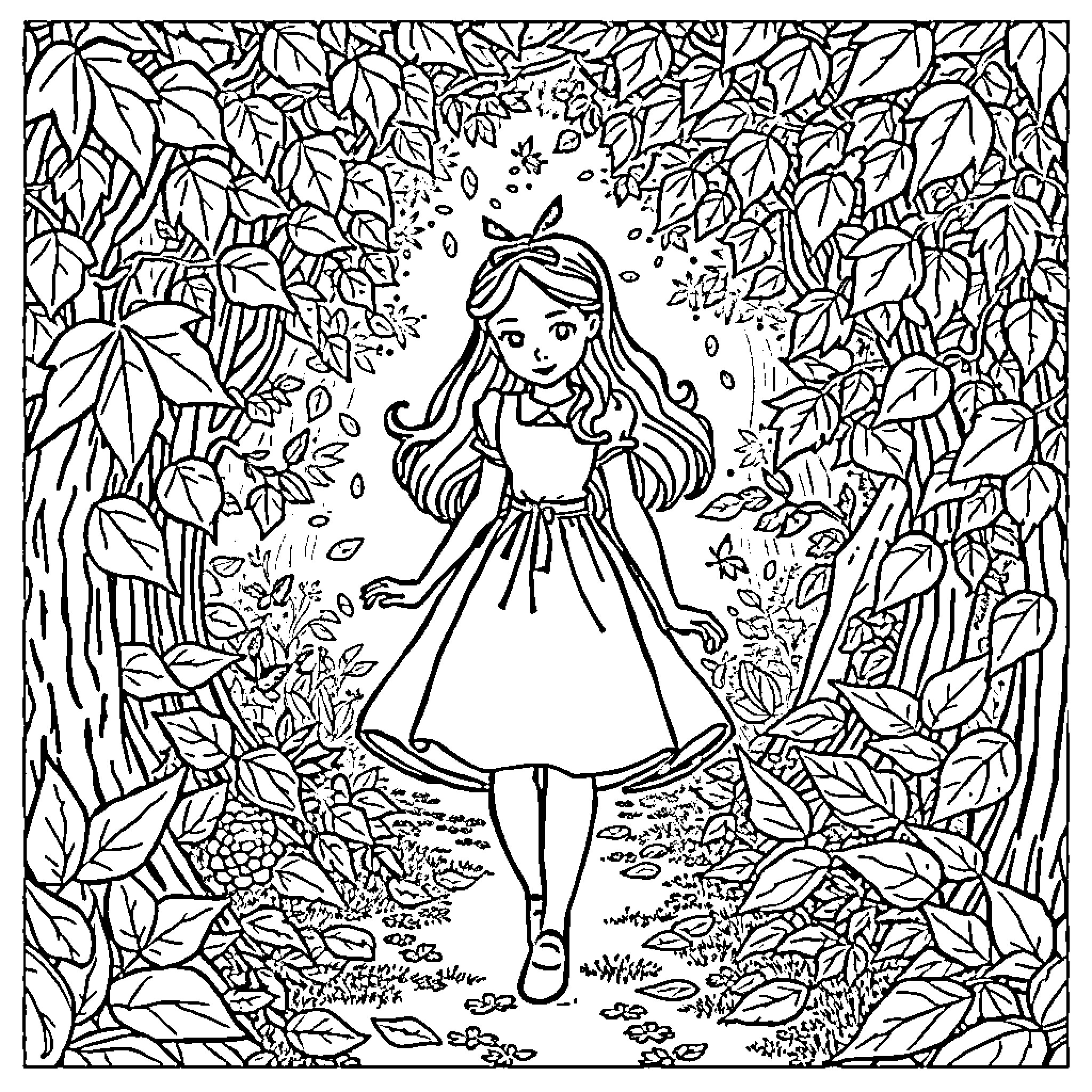 Alice exploring the enchanted forest Coloring Page (free black-and-white line drawing printable PDF for all, from beginners to advanced learners, including children, teens, adults, and seniors)