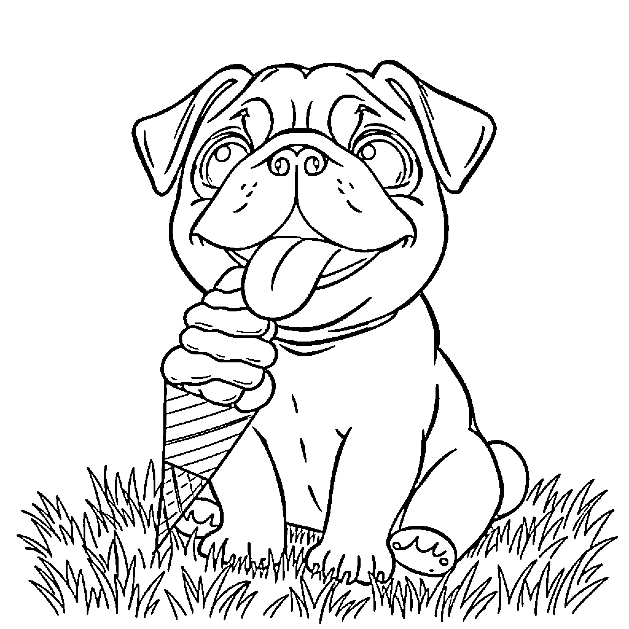 Pug enjoying a delicious ice cream treat Coloring Page (free black-and-white line drawing printable PDF for all, from beginners to advanced learners, including children, teens, adults, and seniors)
