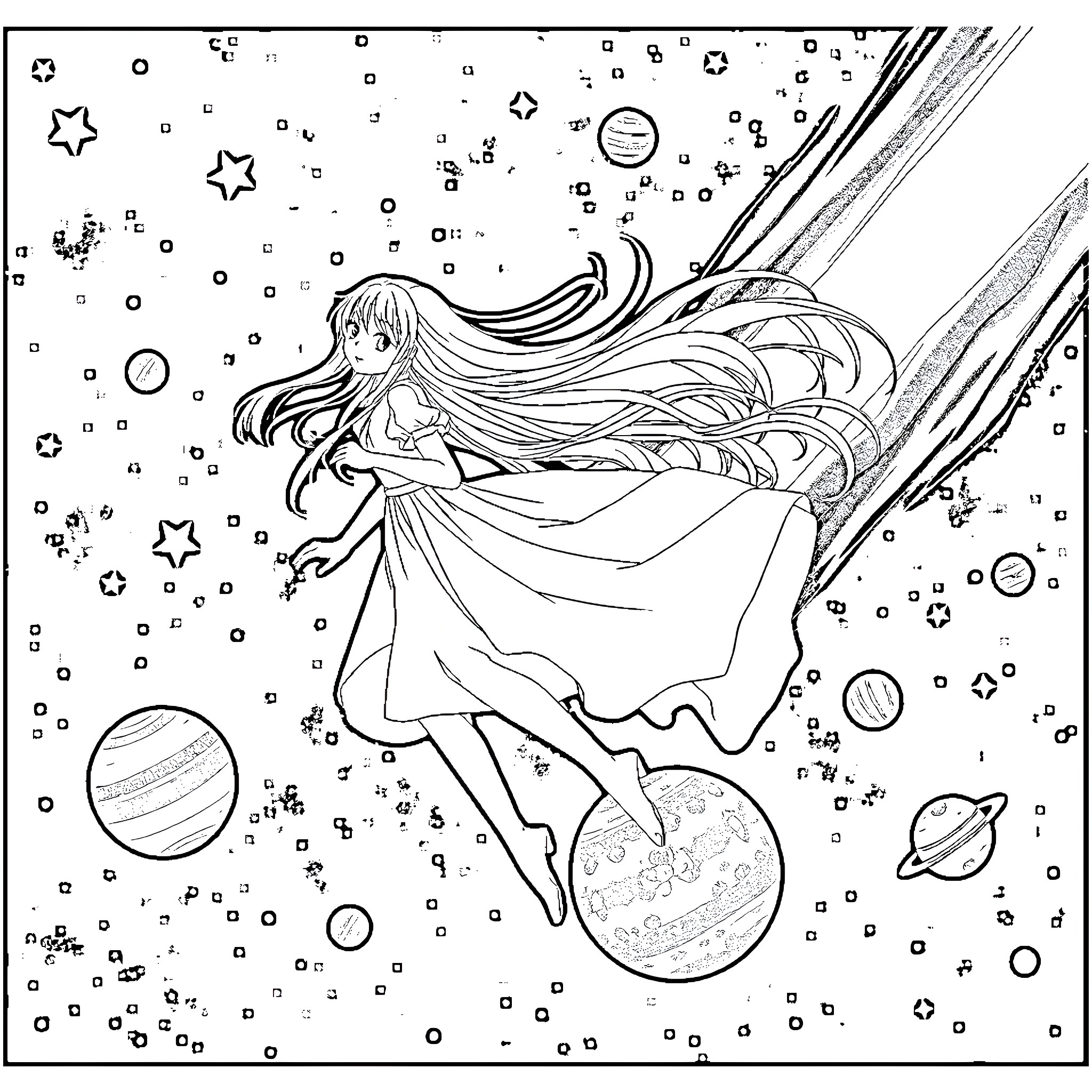 Anime Girl in Flowing Celestial Dress Coloring Page (free black-and-white line drawing printable PDF for all, from beginners to advanced learners, including children, teens, adults, and seniors)
