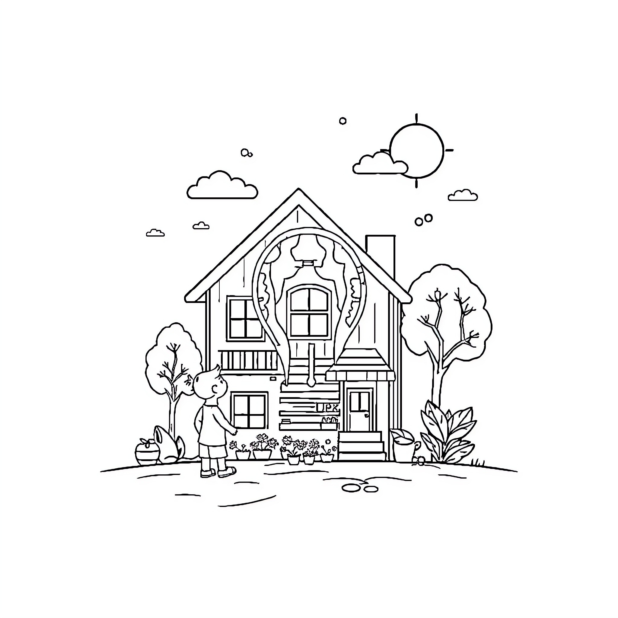 Energy of a Cozy Countryside Dwelling Coloring Page (free black-and-white line drawing printable PDF for all, from beginners to advanced learners, including children, teens, adults, and seniors)