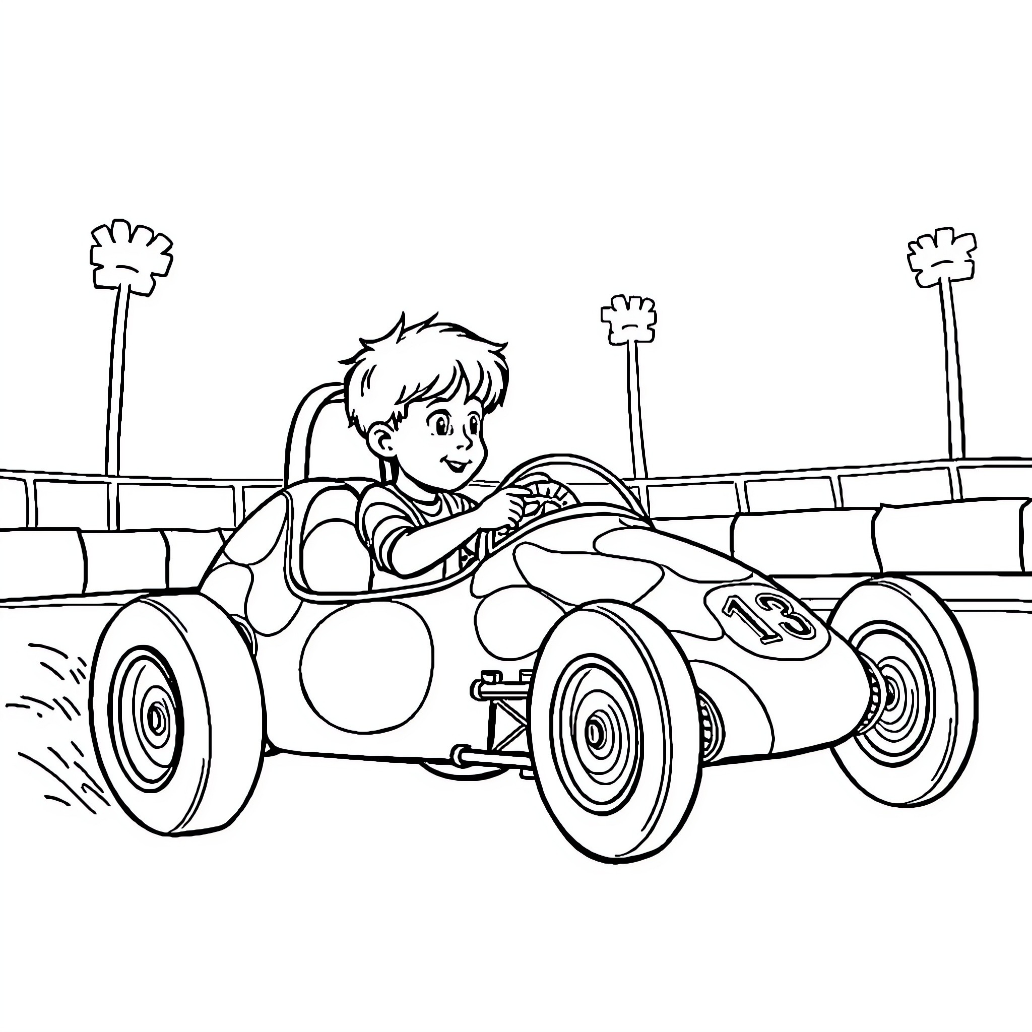Banger Racing Young Racer on the Track Coloring Page (free black-and-white line drawing printable PDF for all, from beginners to advanced learners, including children, teens, adults, and seniors)
