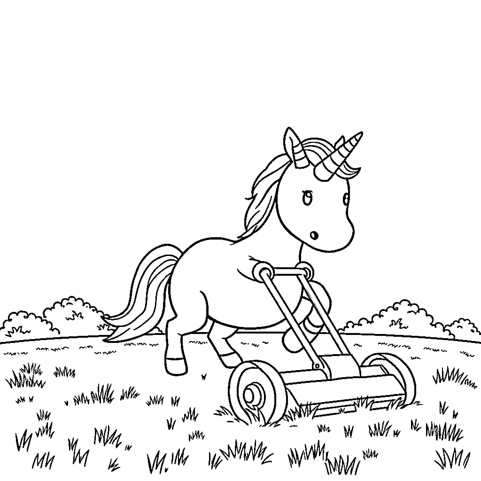 Unicorn pulling lawn mower in grassy field Coloring Page (free black-and-white line drawing printable PDF for all, from beginners to advanced learners, including children, teens, adults, and seniors)