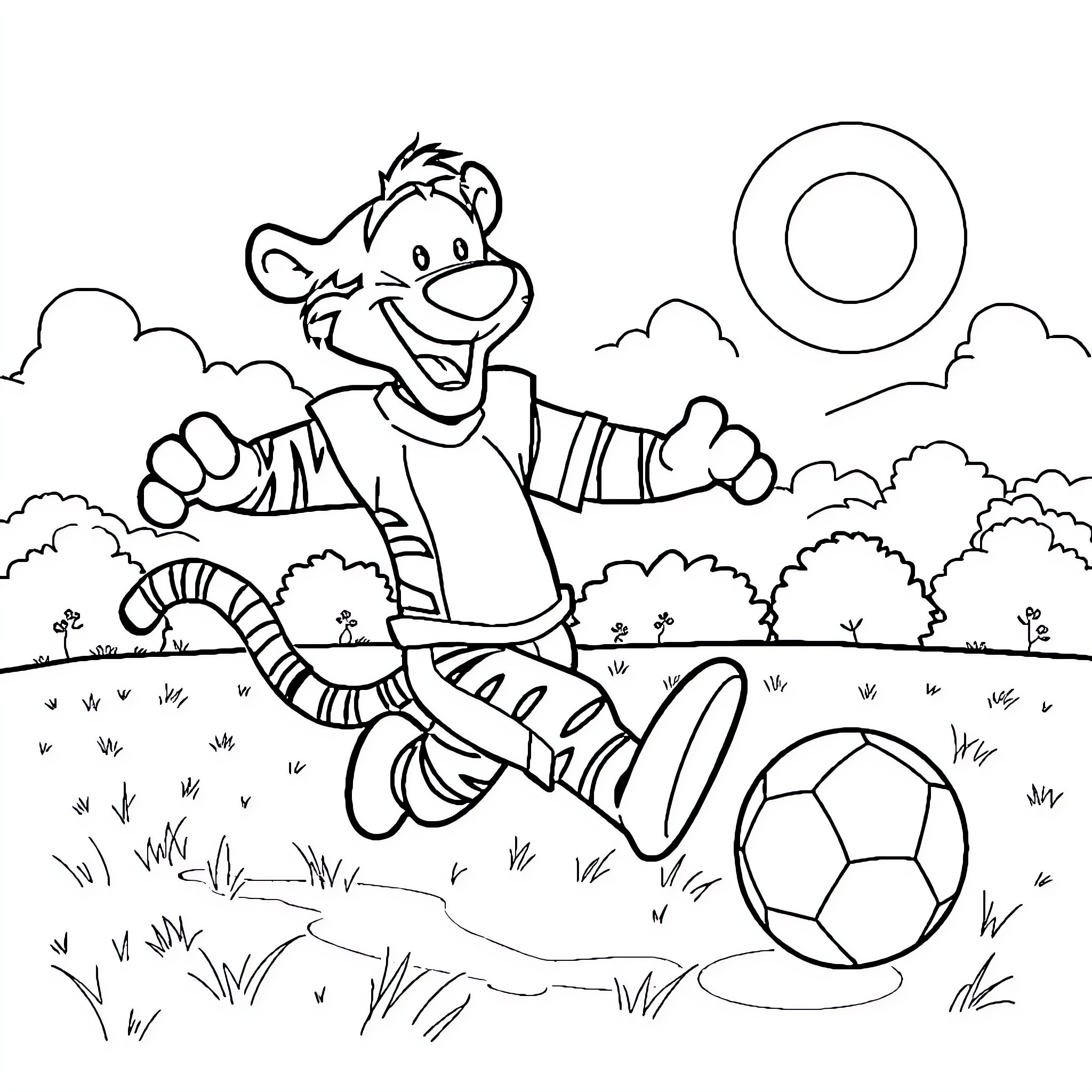 Tigger playing with a soccer ball on a sunny day Coloring Page (free black-and-white line drawing printable PDF for all, from beginners to advanced learners, including children, teens, adults, and seniors)