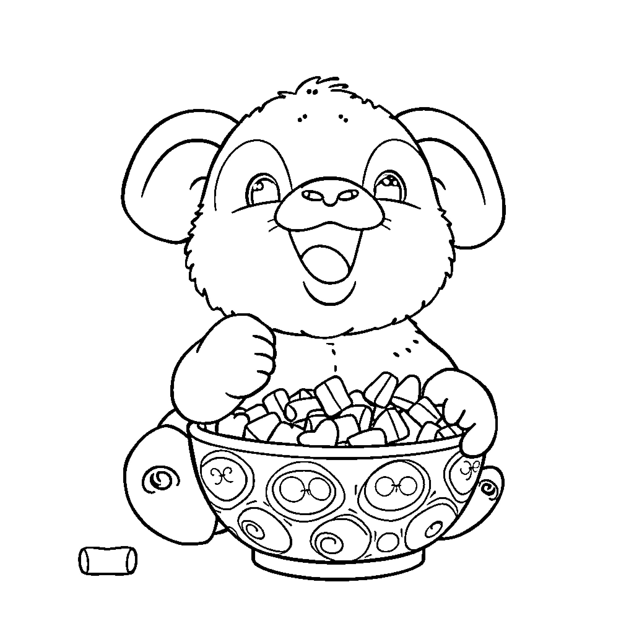 Labubu enjoying a tasty snack from a colorful bowl Coloring Page (free black-and-white line drawing printable PDF for all, from beginners to advanced learners, including children, teens, adults, and seniors)