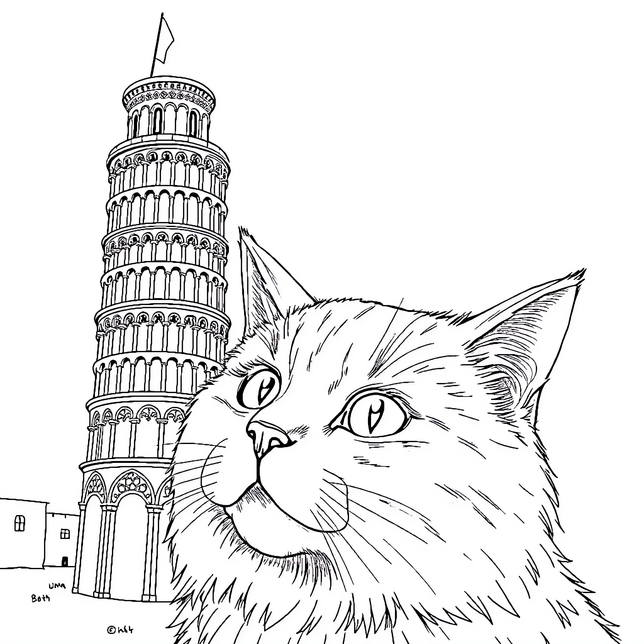 Cat admiring the Leaning Tower of Pisa Coloring Page (free black-and-white line drawing printable PDF for all, from beginners to advanced learners, including children, teens, adults, and seniors)