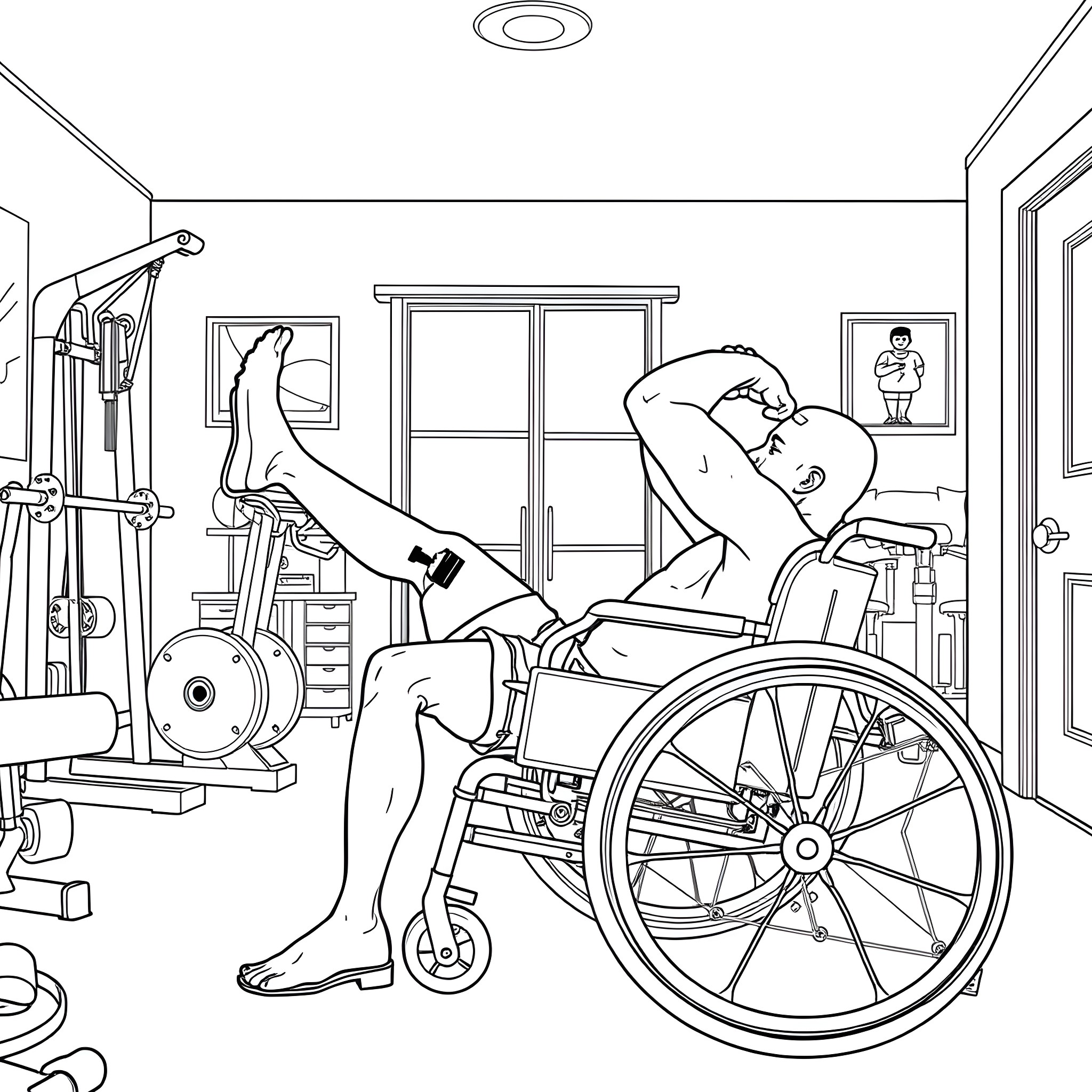 Amputee exercising in rehabilitation gym Coloring Page (free black-and-white line drawing printable PDF for all, from beginners to advanced learners, including children, teens, adults, and seniors)
