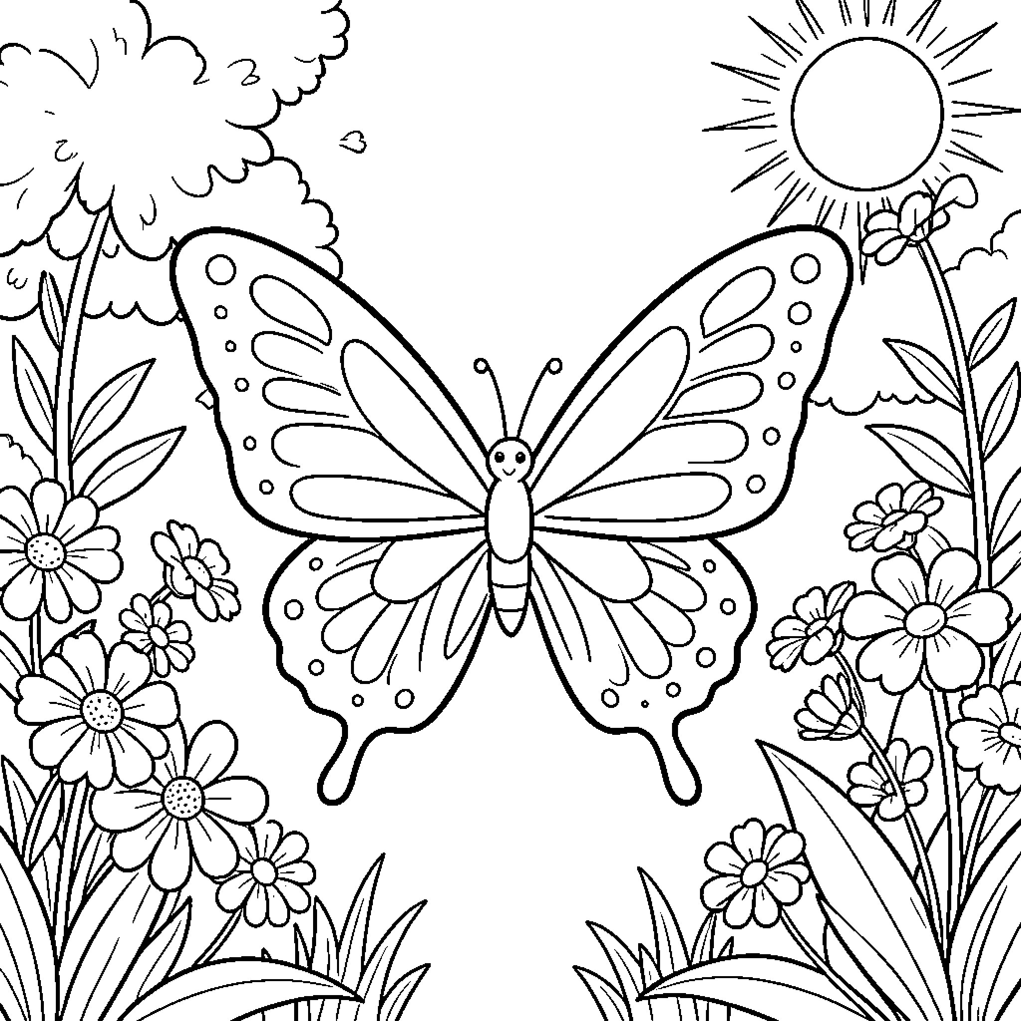 Butterfly Dancing in the Sunny Meadow Coloring Page (free black-and-white line drawing printable PDF for all, from beginners to advanced learners, including children, teens, adults, and seniors)