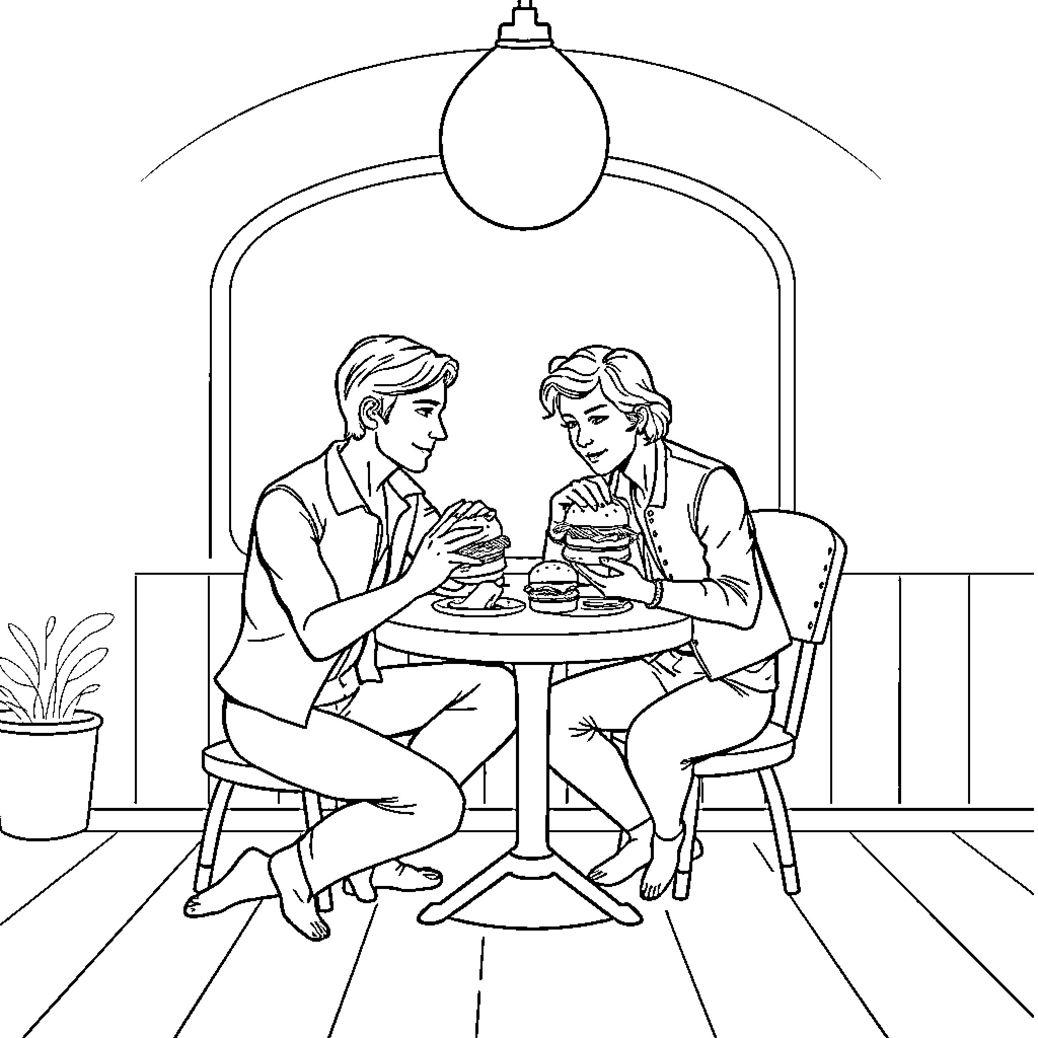 Han Solo enjoying a meal with a companion Coloring Page (free black-and-white line drawing printable PDF for all, from beginners to advanced learners, including children, teens, adults, and seniors)