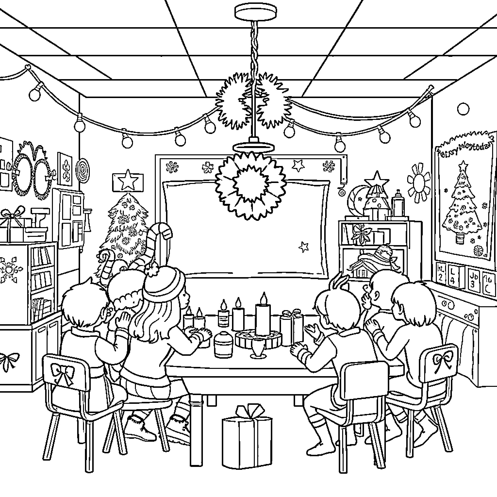 Christmas party with festive decorations and cheerful people Coloring Page (free black-and-white line drawing printable PDF for all, from beginners to advanced learners, including children, teens, adults, and seniors)