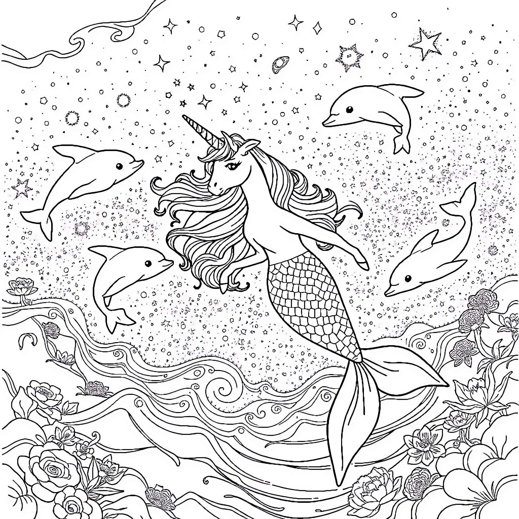 Mermaid Unicorn swimming with dolphins in a magical ocean Coloring Page (free black-and-white line drawing printable PDF for all, from beginners to advanced learners, including children, teens, adults, and seniors)