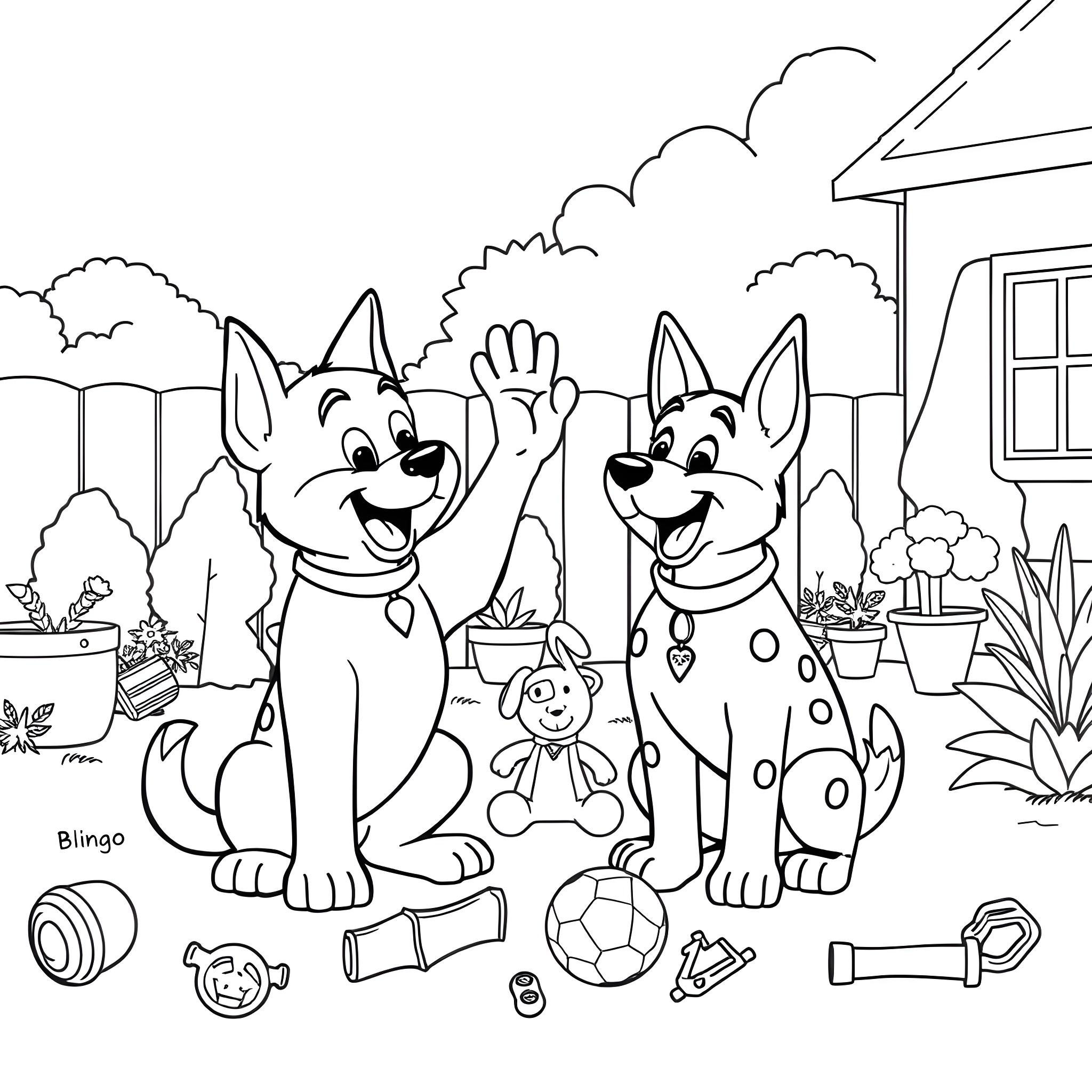 Bluey and Bingo playing happily in the backyard Coloring Page (free black-and-white line drawing printable PDF for all, from beginners to advanced learners, including children, teens, adults, and seniors)