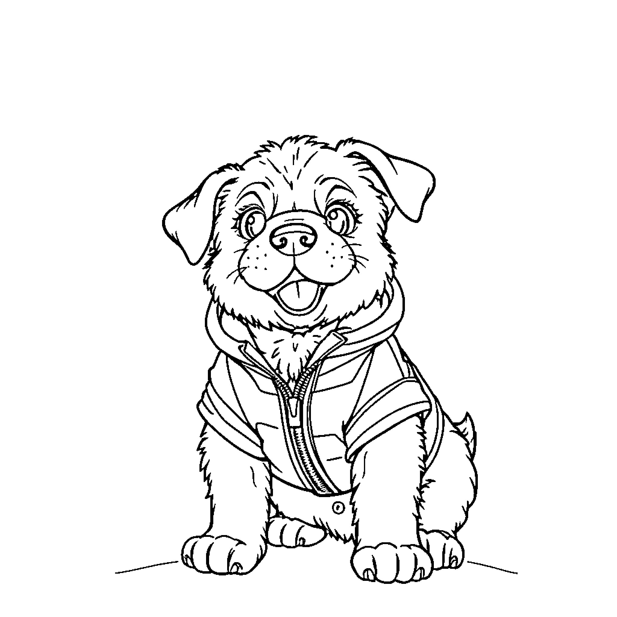 Puppy wearing a cute outfit Coloring Page (free black-and-white line drawing printable PDF for all, from beginners to advanced learners, including children, teens, adults, and seniors)