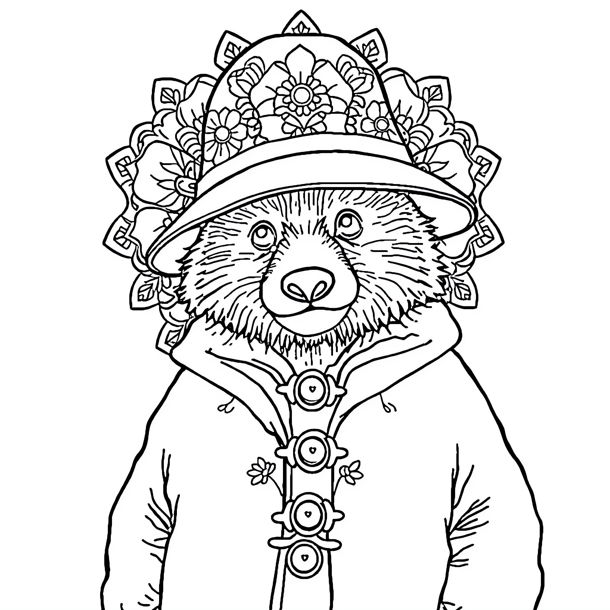 Paddington Bear in Ornate Attire Coloring Page (free black-and-white line drawing printable PDF for all, from beginners to advanced learners, including children, teens, adults, and seniors)