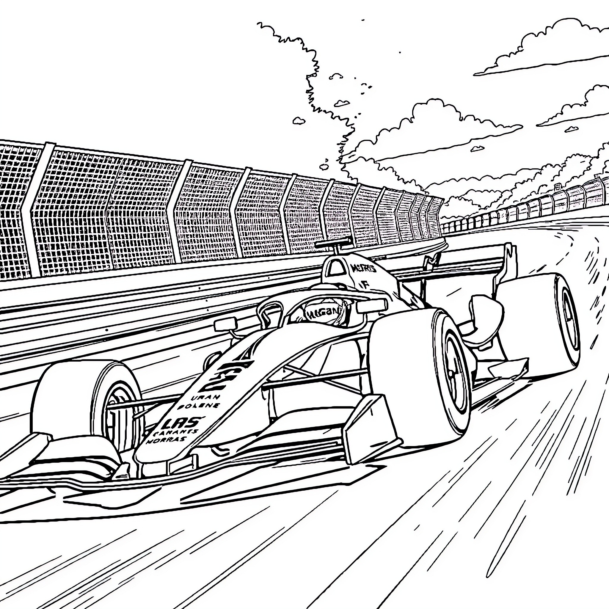 Lando Norris racing his Formula One car on the track Coloring Page (free black-and-white line drawing printable PDF for all, from beginners to advanced learners, including children, teens, adults, and seniors)