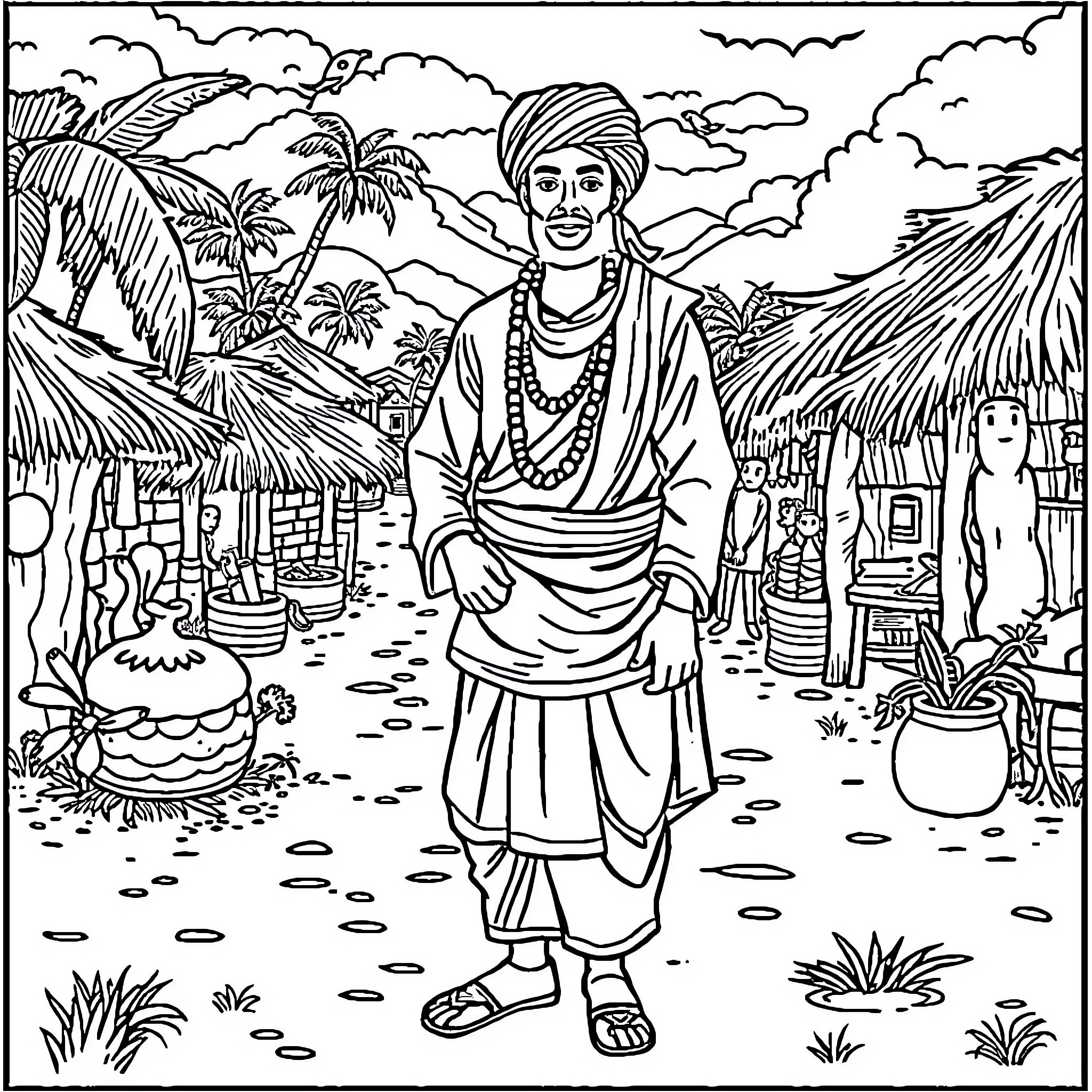 Jaat person in traditional garb exploring scenic village Coloring Page (free black-and-white line drawing printable PDF for all, from beginners to advanced learners, including children, teens, adults, and seniors)