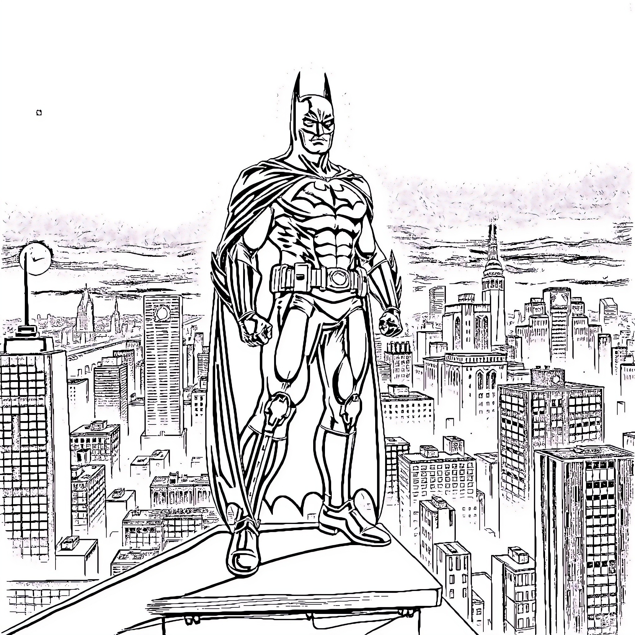 Batman overlooking the city skyline Coloring Page (free black-and-white line drawing printable PDF for all, from beginners to advanced learners, including children, teens, adults, and seniors)