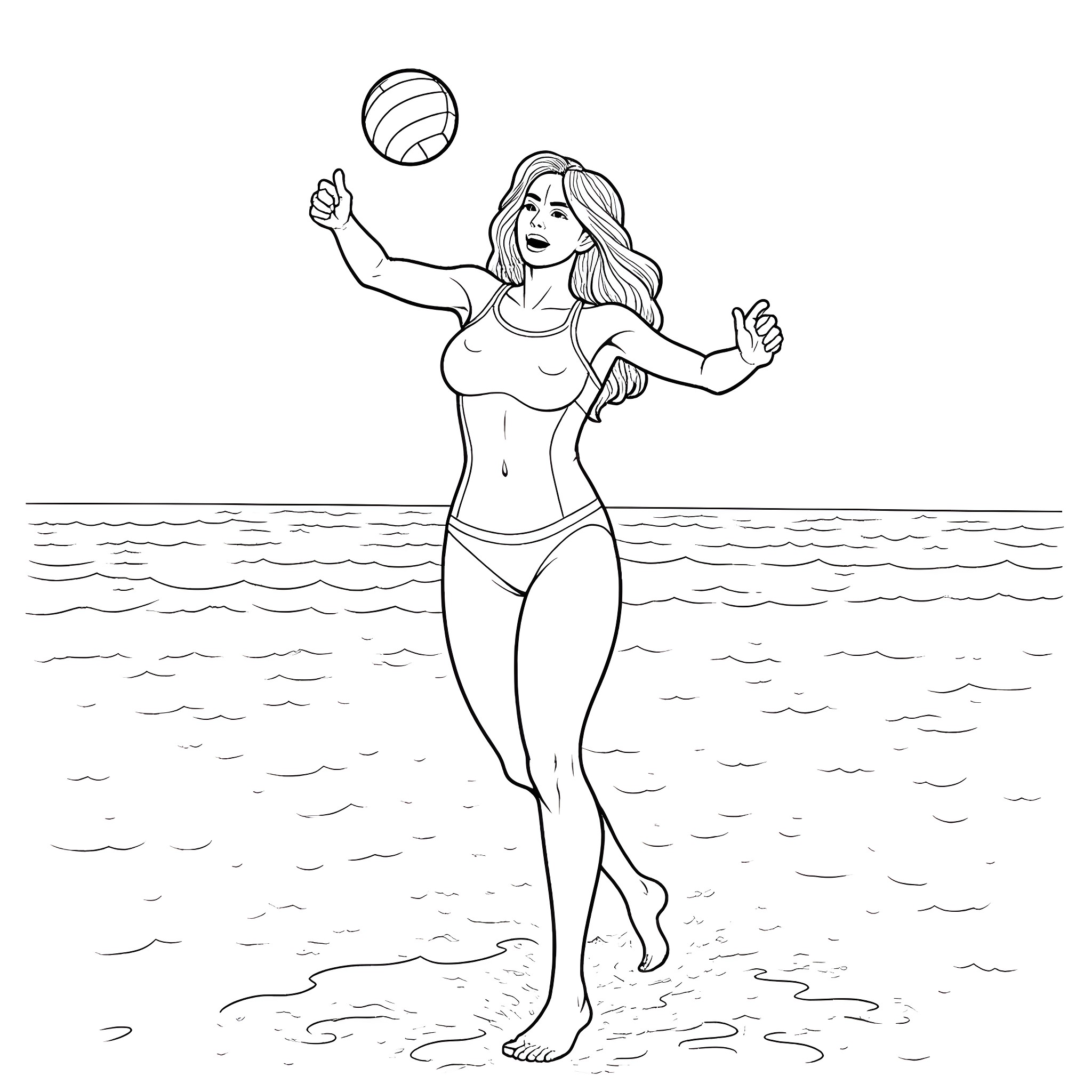 Power Girl playing volleyball on the beach Coloring Page (free black-and-white line drawing printable PDF for all, from beginners to advanced learners, including children, teens, adults, and seniors)