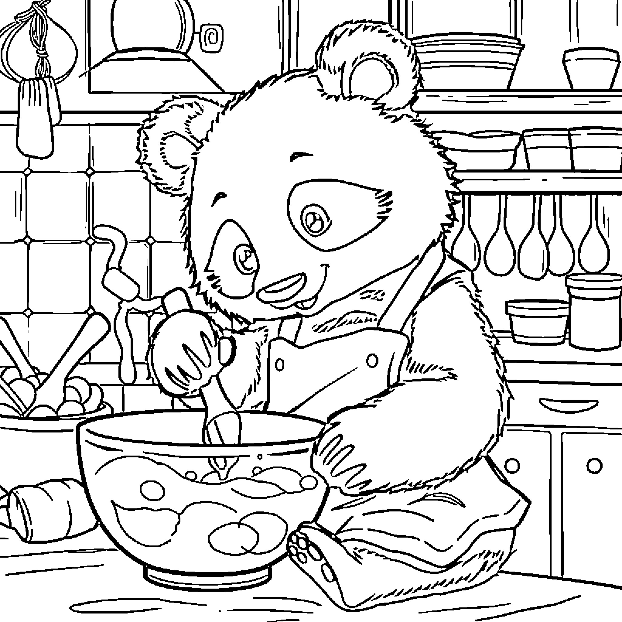 Panda Bear Cooking in the Kitchen Coloring Page (free black-and-white line drawing printable PDF for all, from beginners to advanced learners, including children, teens, adults, and seniors)