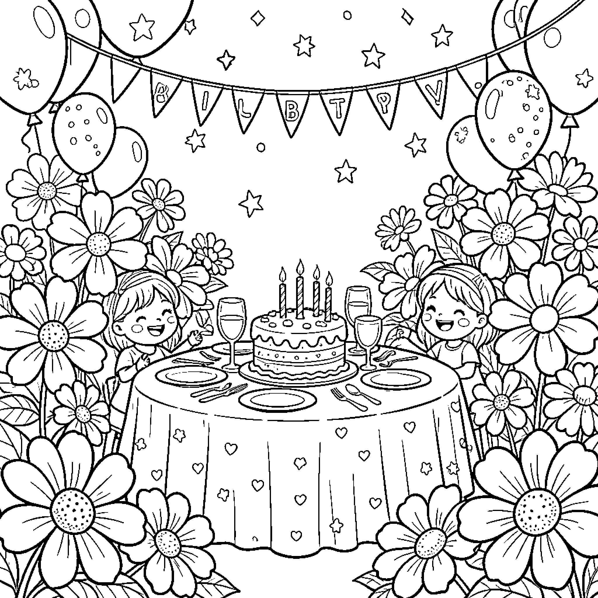 Flower Party with Balloons and Cake Coloring Page (free black-and-white line drawing printable PDF for all, from beginners to advanced learners, including children, teens, adults, and seniors)