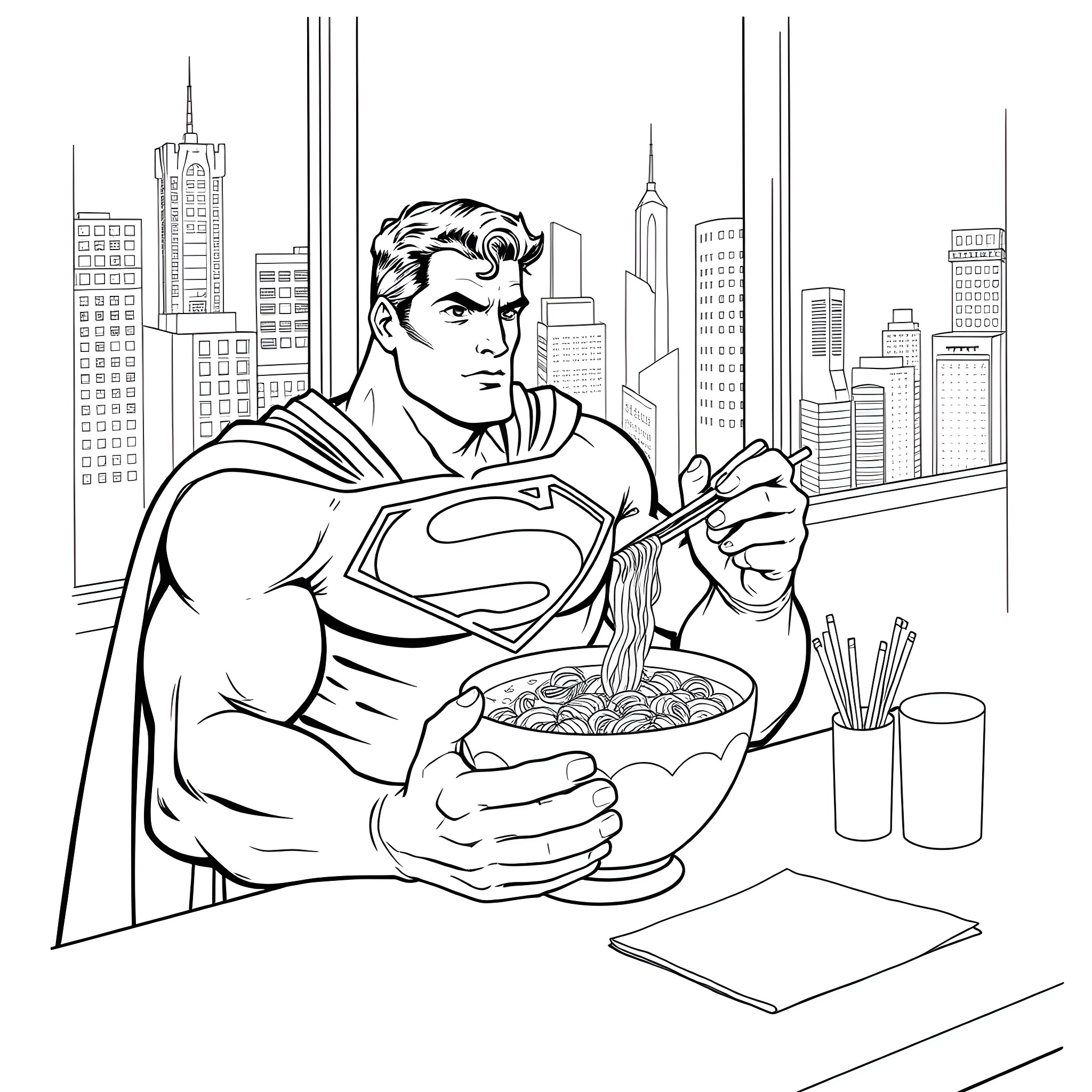 Superman enjoying a hot meal in the city Coloring Page (free black-and-white line drawing printable PDF for all, from beginners to advanced learners, including children, teens, adults, and seniors)