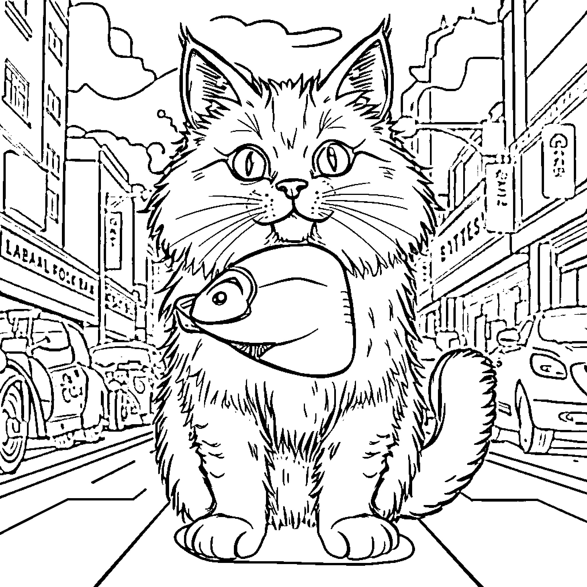 Cat posing with fish in urban city scene Coloring Page (free black-and-white line drawing printable PDF for all, from beginners to advanced learners, including children, teens, adults, and seniors)