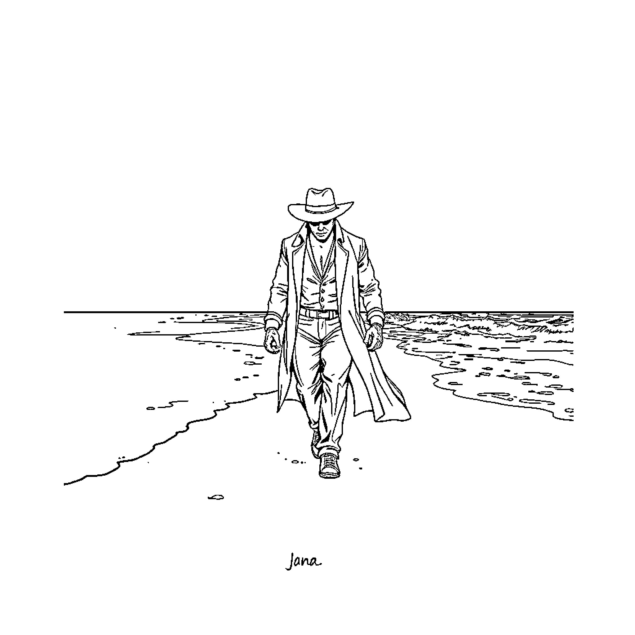 Undertaker walking alone on the desolate road Coloring Page (free black-and-white line drawing printable PDF for all, from beginners to advanced learners, including children, teens, adults, and seniors)