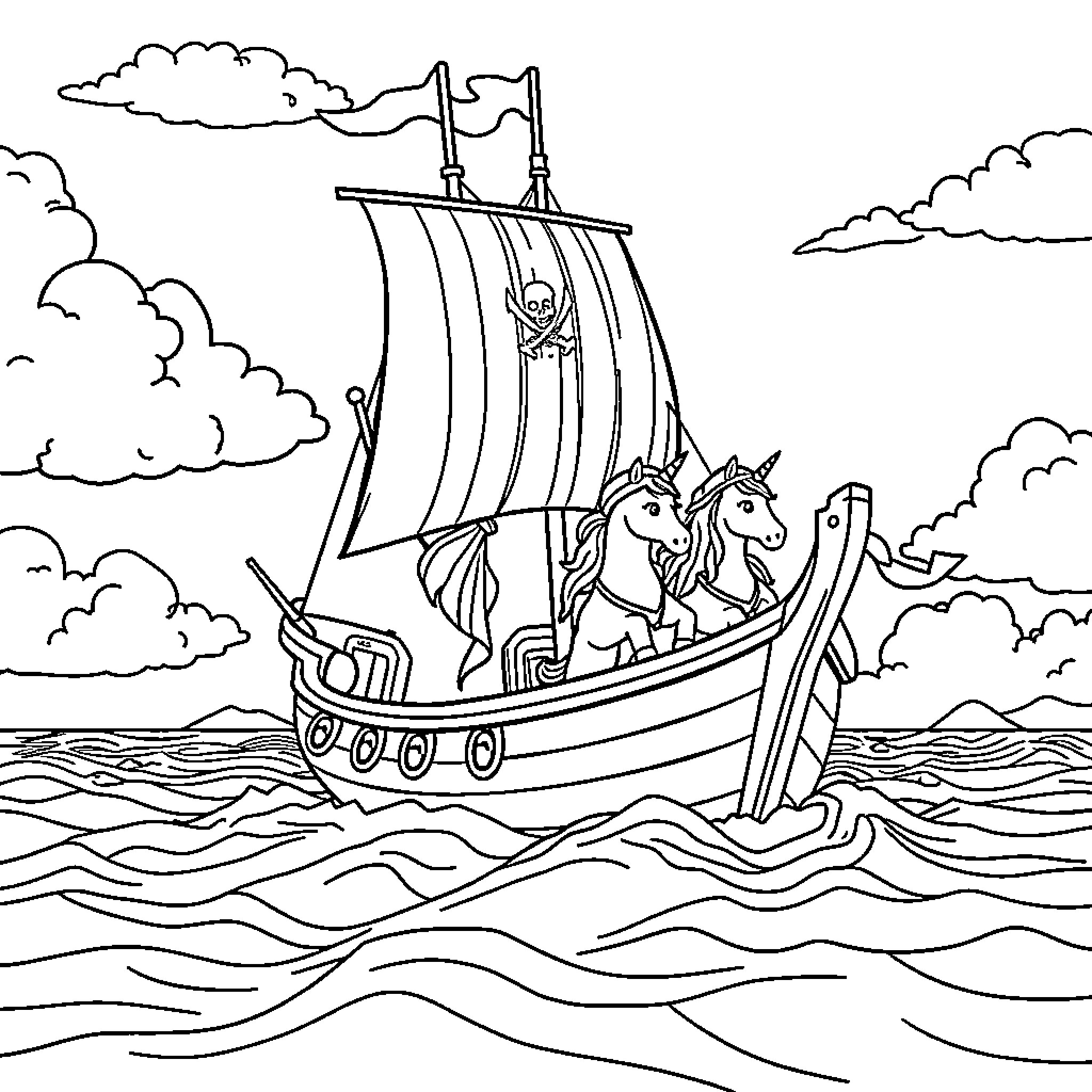 Pirate Ship Sailing Through Rough Seas Coloring Page (free black-and-white line drawing printable PDF for all, from beginners to advanced learners, including children, teens, adults, and seniors)