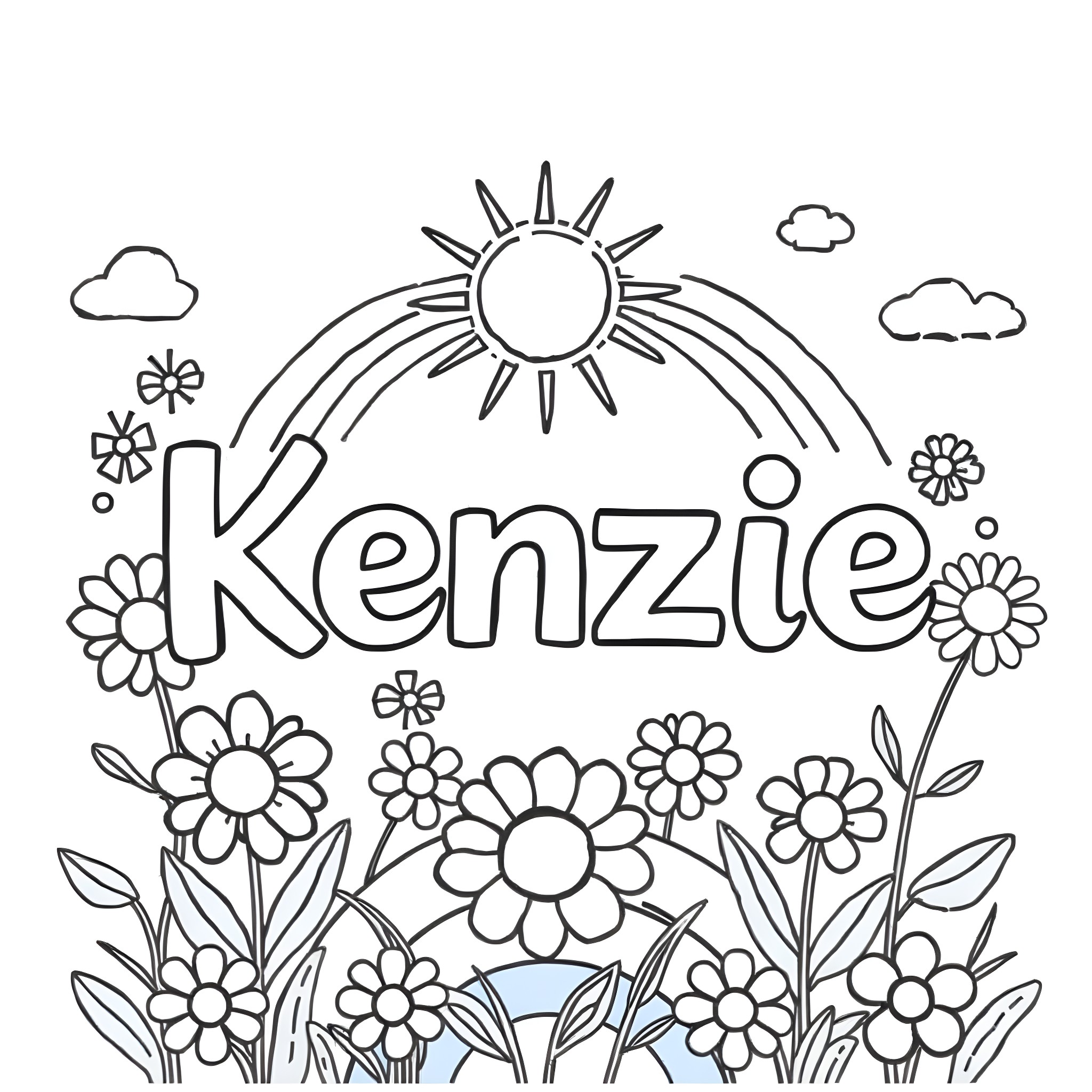 Kenzie playing amongst the flowers in a sunny meadow Coloring Page (free black-and-white line drawing printable PDF for all, from beginners to advanced learners, including children, teens, adults, and seniors)