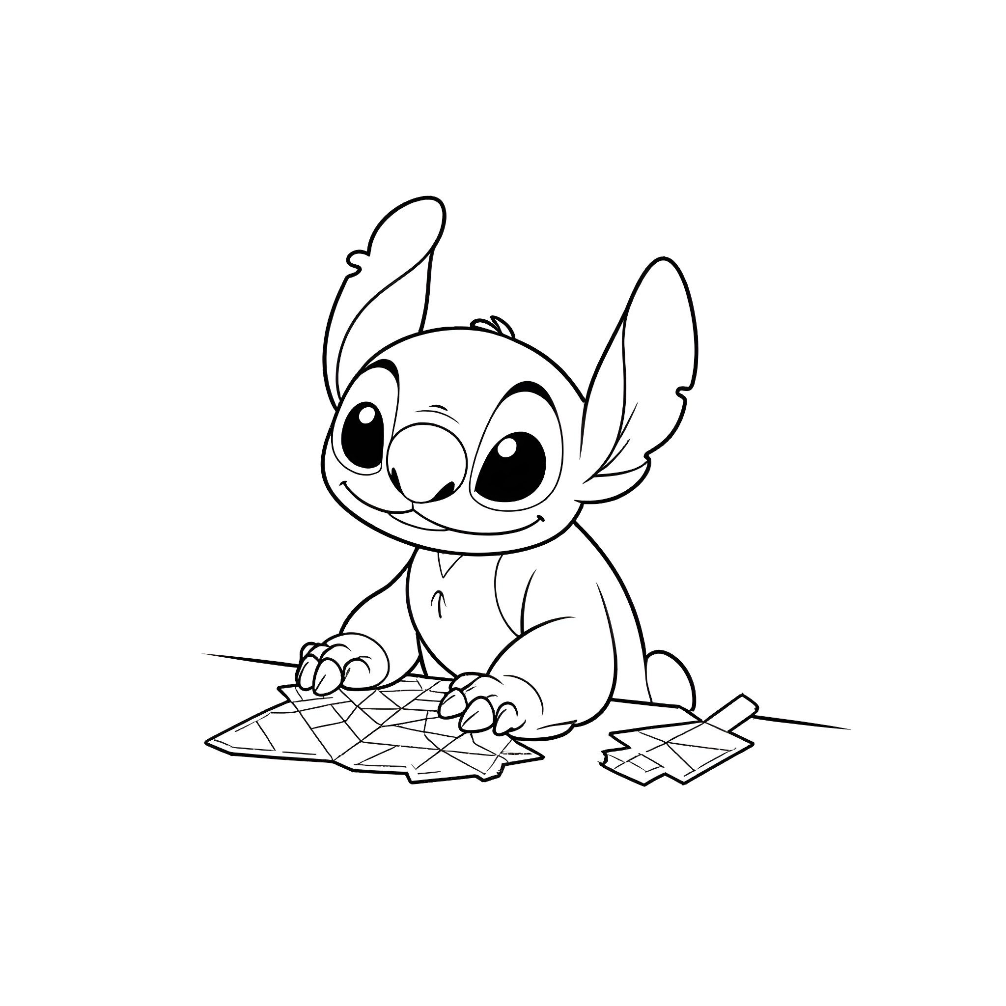 Stitch enjoying a snack on the floor Coloring Page (free black-and-white line drawing printable PDF for all, from beginners to advanced learners, including children, teens, adults, and seniors)
