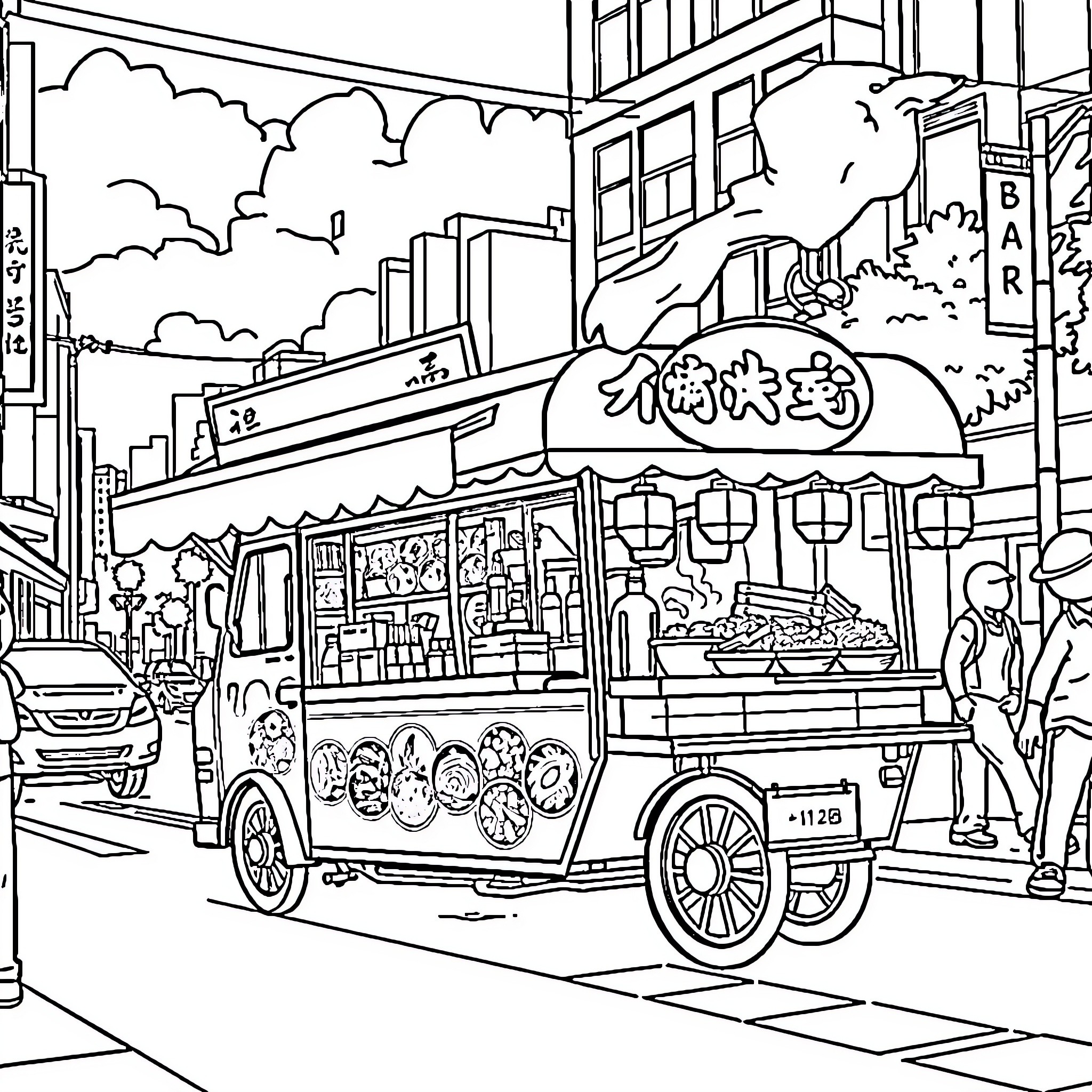 Food Truck Serving Diverse Culinary Delights on the Street Coloring Page (free black-and-white line drawing printable PDF for all, from beginners to advanced learners, including children, teens, adults, and seniors)