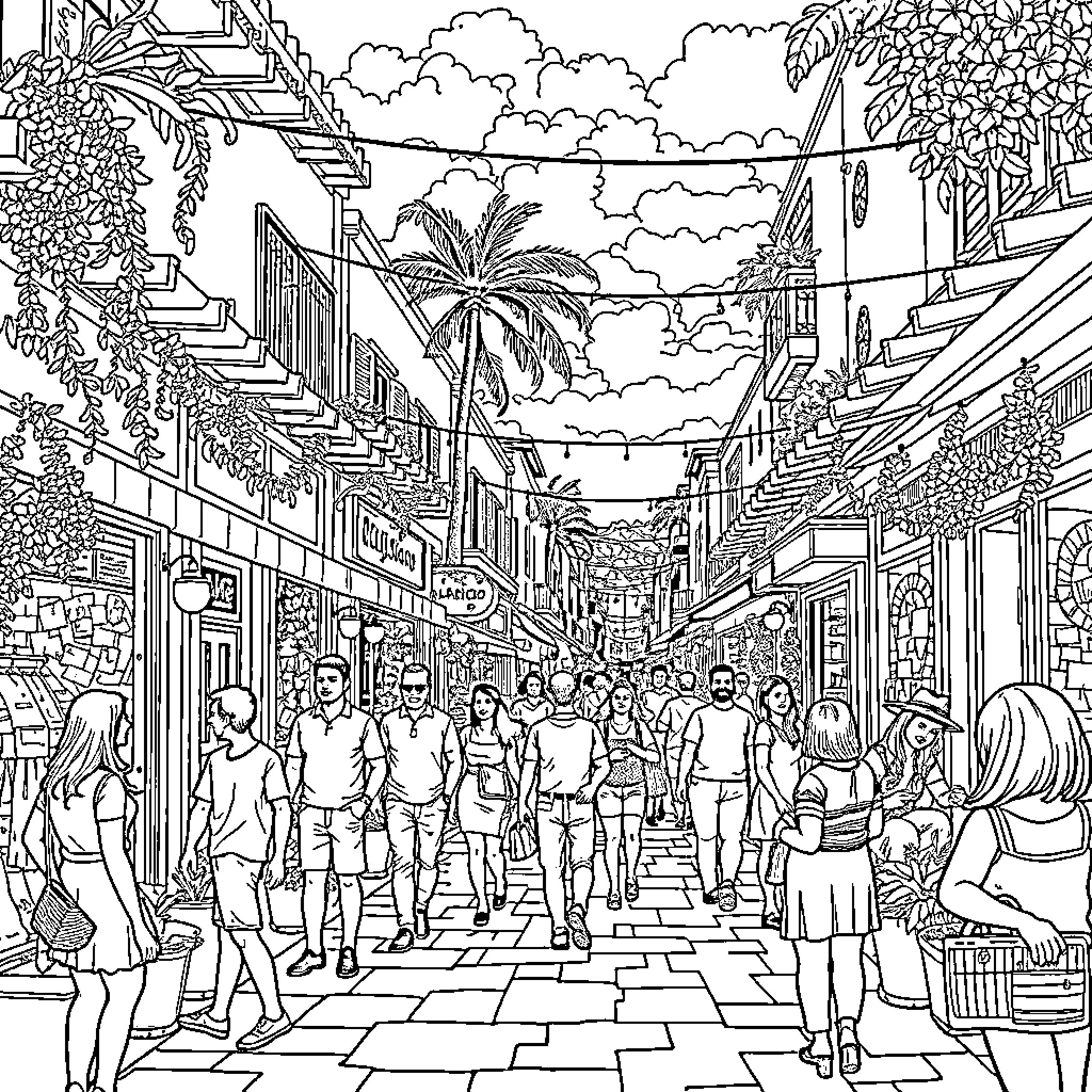 Street Scene with Bustling Crowd and Tropical Scenery Coloring Page (free black-and-white line drawing printable PDF for all, from beginners to advanced learners, including children, teens, adults, and seniors)