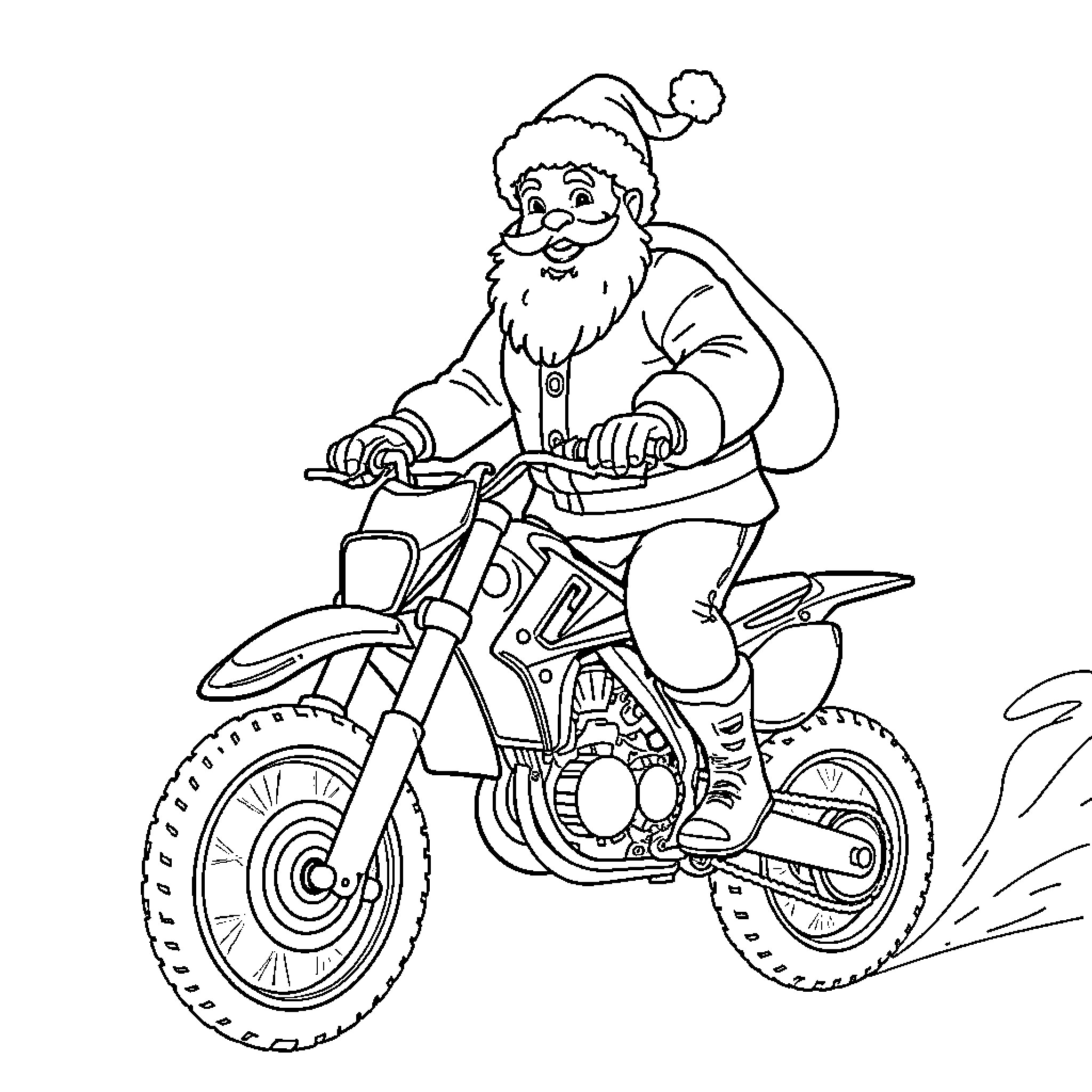 Santa Claus riding a dirt bike Coloring Page (free black-and-white line drawing printable PDF for all, from beginners to advanced learners, including children, teens, adults, and seniors)