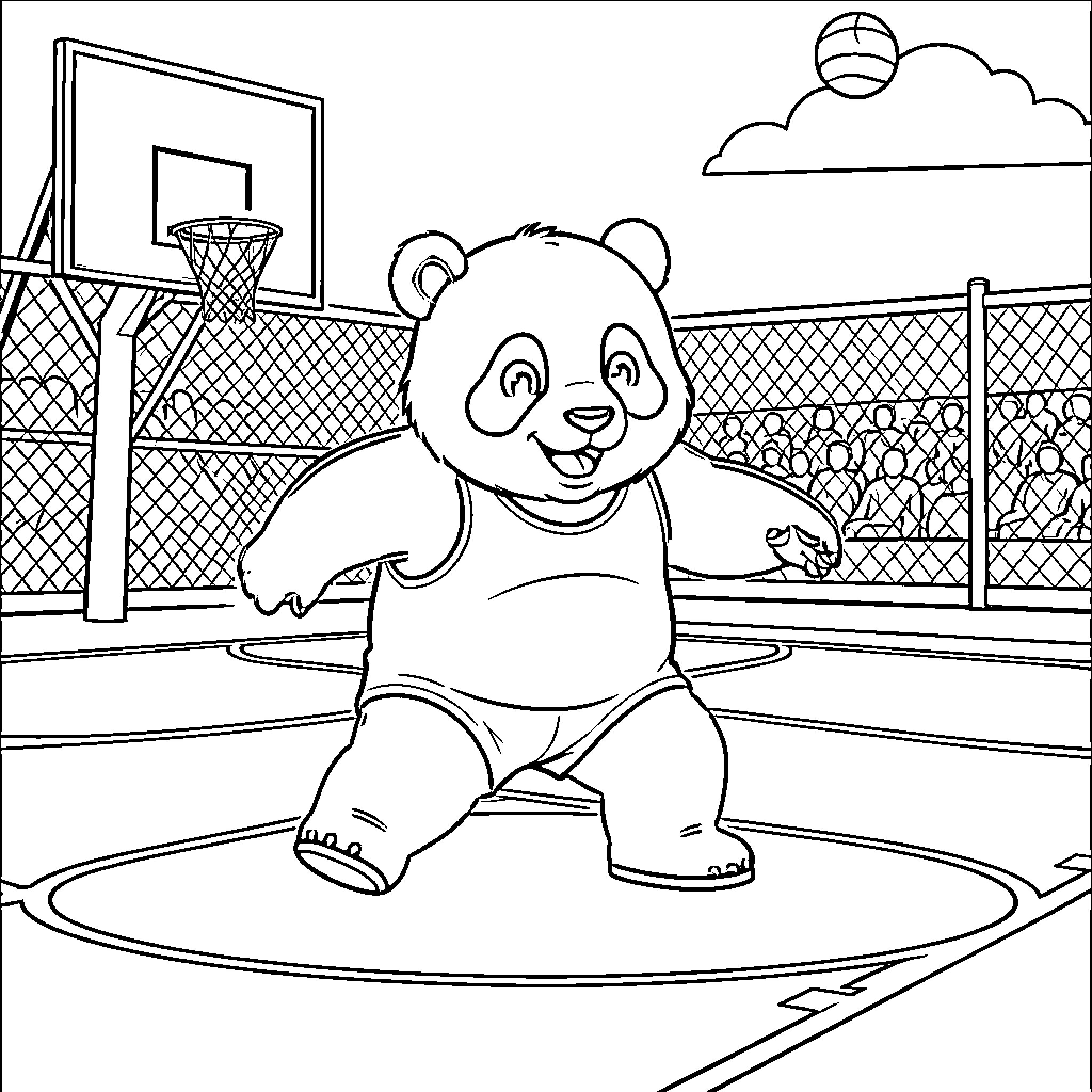Panda playing basketball on an outdoor court Coloring Page (free black-and-white line drawing printable PDF for all, from beginners to advanced learners, including children, teens, adults, and seniors)