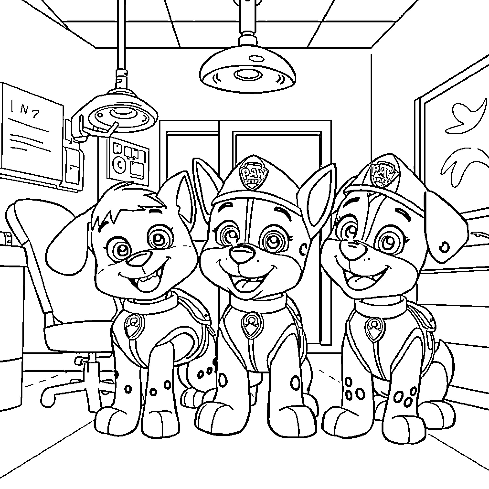 Paw Patrol Pups on Duty in the Patrol Office Coloring Page (free black-and-white line drawing printable PDF for all, from beginners to advanced learners, including children, teens, adults, and seniors)