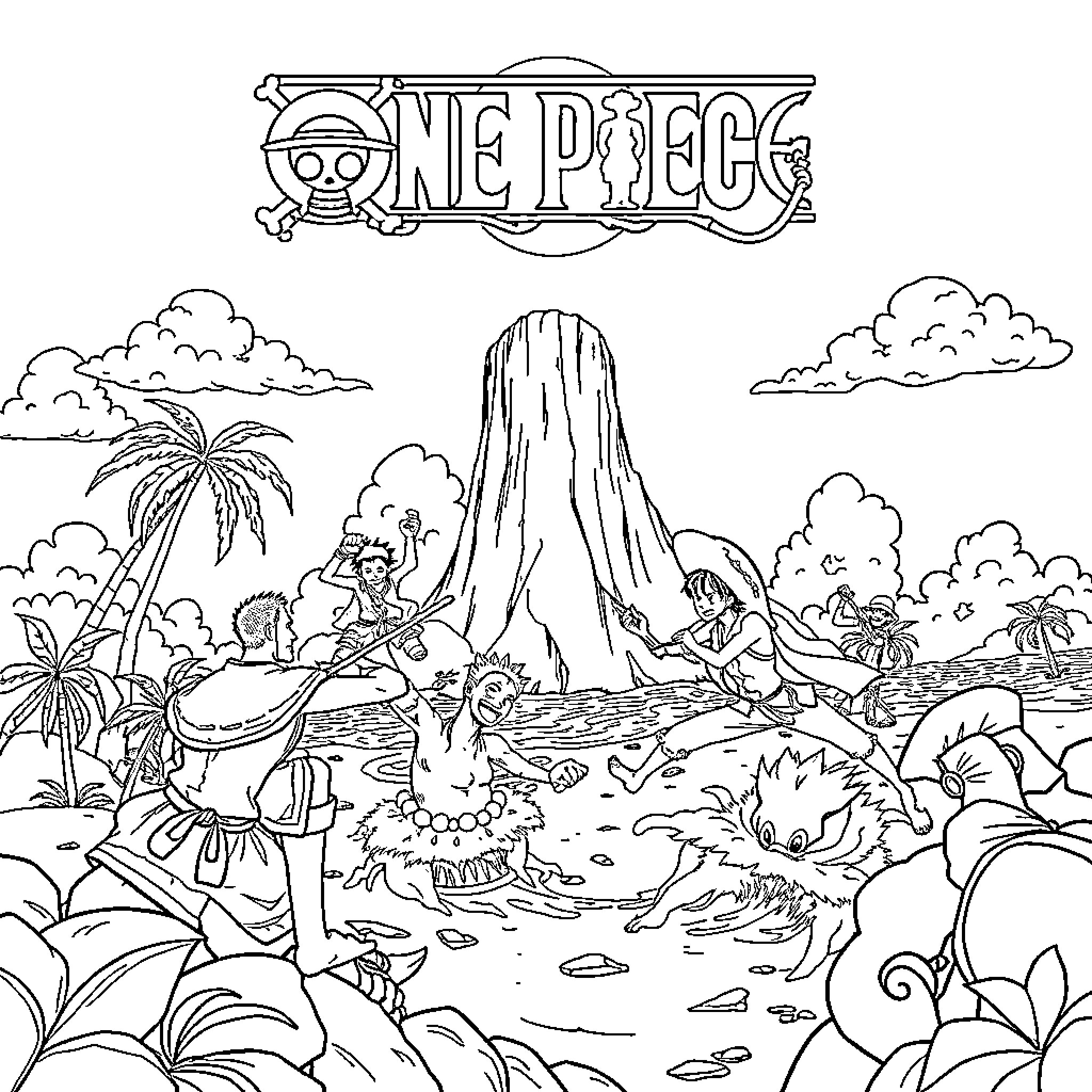 One Piece: Characters Explore Tropical Island Landscape Coloring Page (free black-and-white line drawing printable PDF for all, from beginners to advanced learners, including children, teens, adults, and seniors)