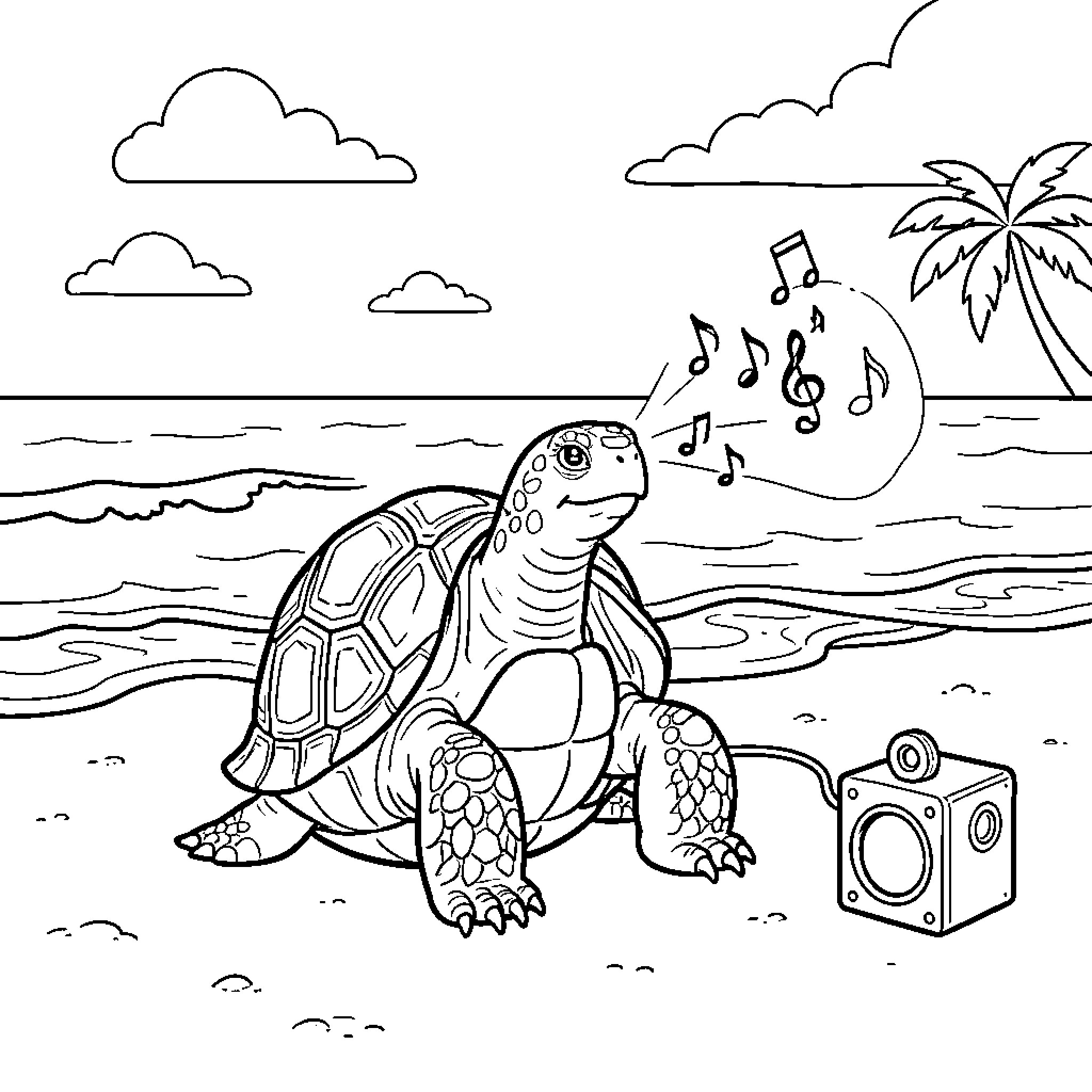 Tortuga turtle enjoys the tropical sounds Coloring Page (free black-and-white line drawing printable PDF for all, from beginners to advanced learners, including children, teens, adults, and seniors)