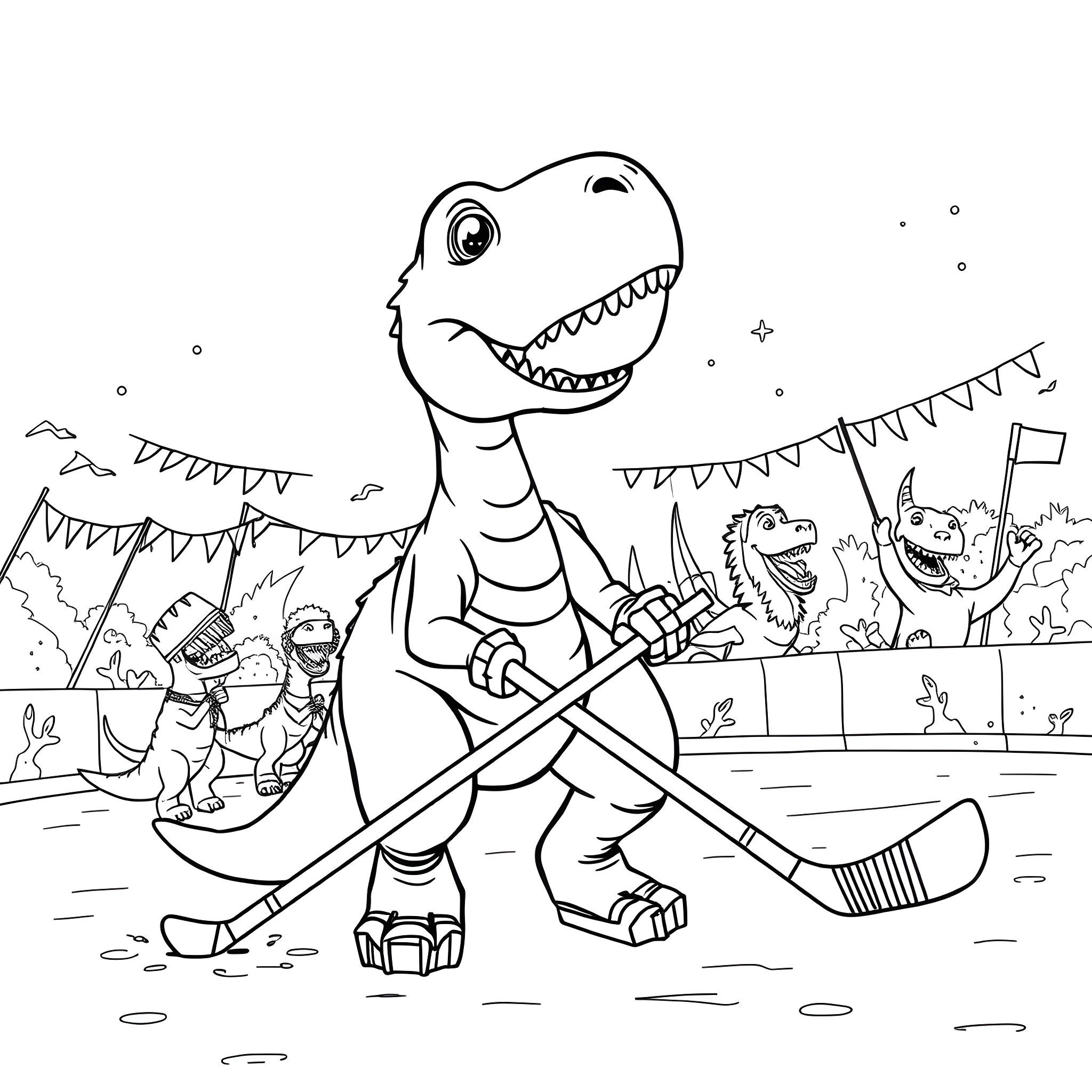Dinosaurs playing hockey in a festive arena Coloring Page (free black-and-white line drawing printable PDF for all, from beginners to advanced learners, including children, teens, adults, and seniors)