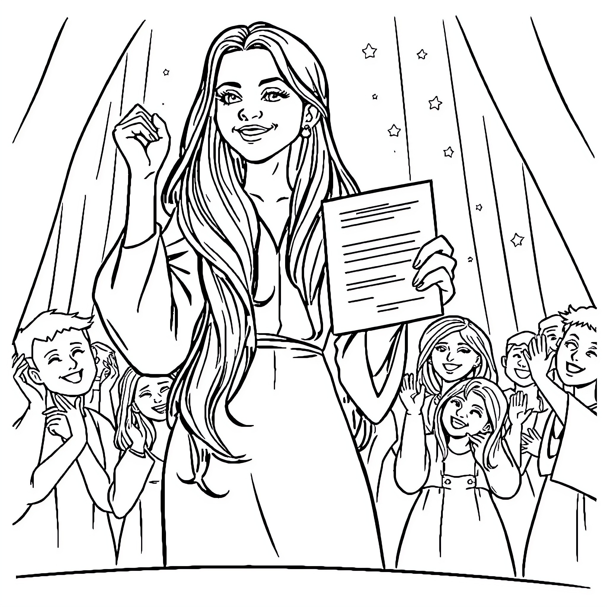 Frau Celebrates Academic Achievement with Students Coloring Page (free black-and-white line drawing printable PDF for all, from beginners to advanced learners, including children, teens, adults, and seniors)