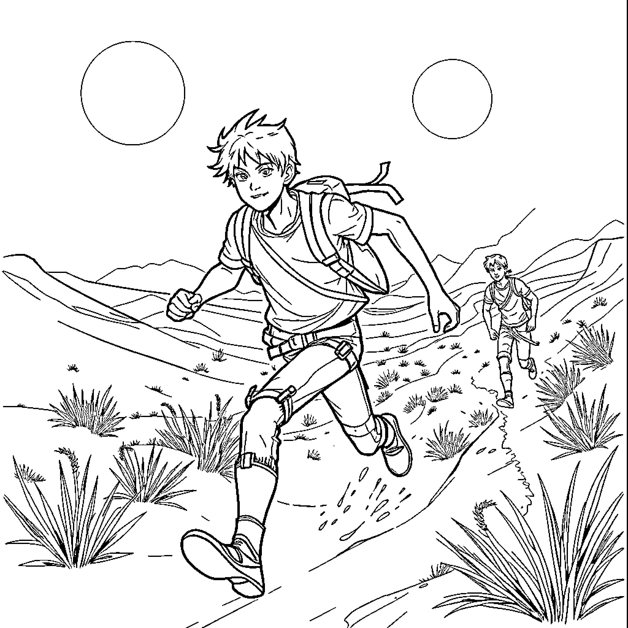 Maze Runner - Youths Navigating Treacherous Terrain Coloring Page (free black-and-white line drawing printable PDF for all, from beginners to advanced learners, including children, teens, adults, and seniors)