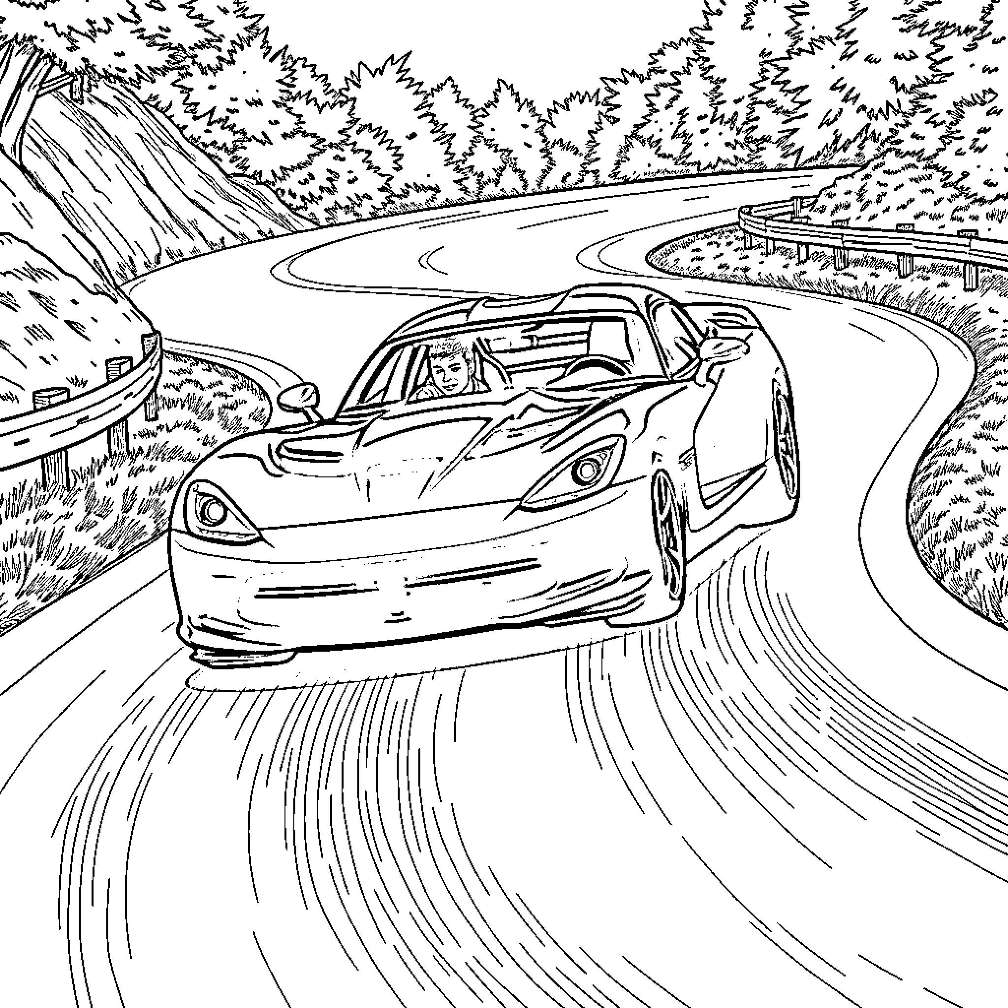 Dodge Viper racing along a winding mountain road Coloring Page (free black-and-white line drawing printable PDF for all, from beginners to advanced learners, including children, teens, adults, and seniors)