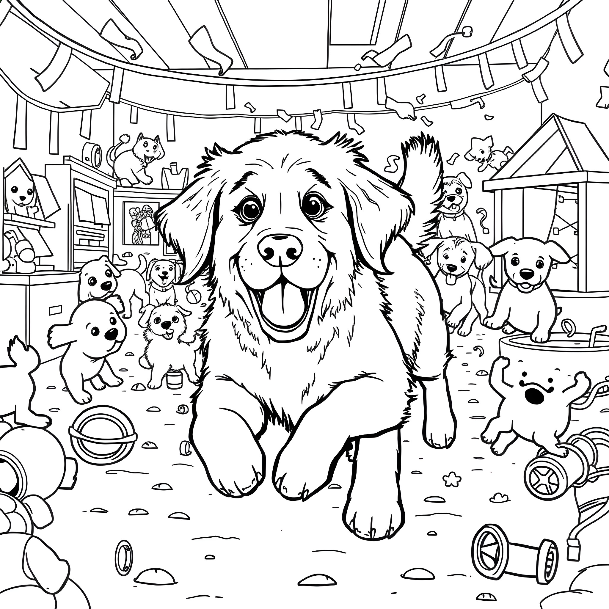 Golden Retriever enjoying playful surroundings Coloring Page (free black-and-white line drawing printable PDF for all, from beginners to advanced learners, including children, teens, adults, and seniors)