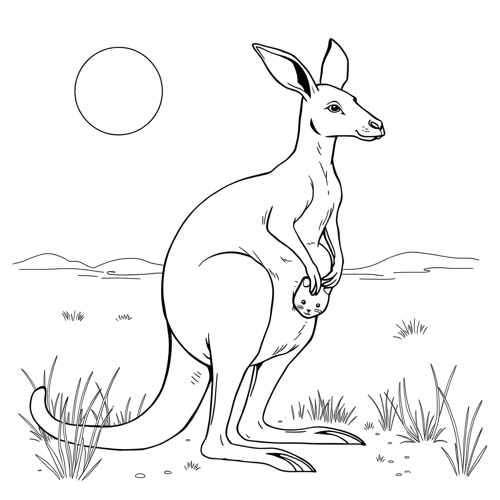 Kangaroo standing in a grassy field under the moon Coloring Page (free black-and-white line drawing printable PDF for all, from beginners to advanced learners, including children, teens, adults, and seniors)