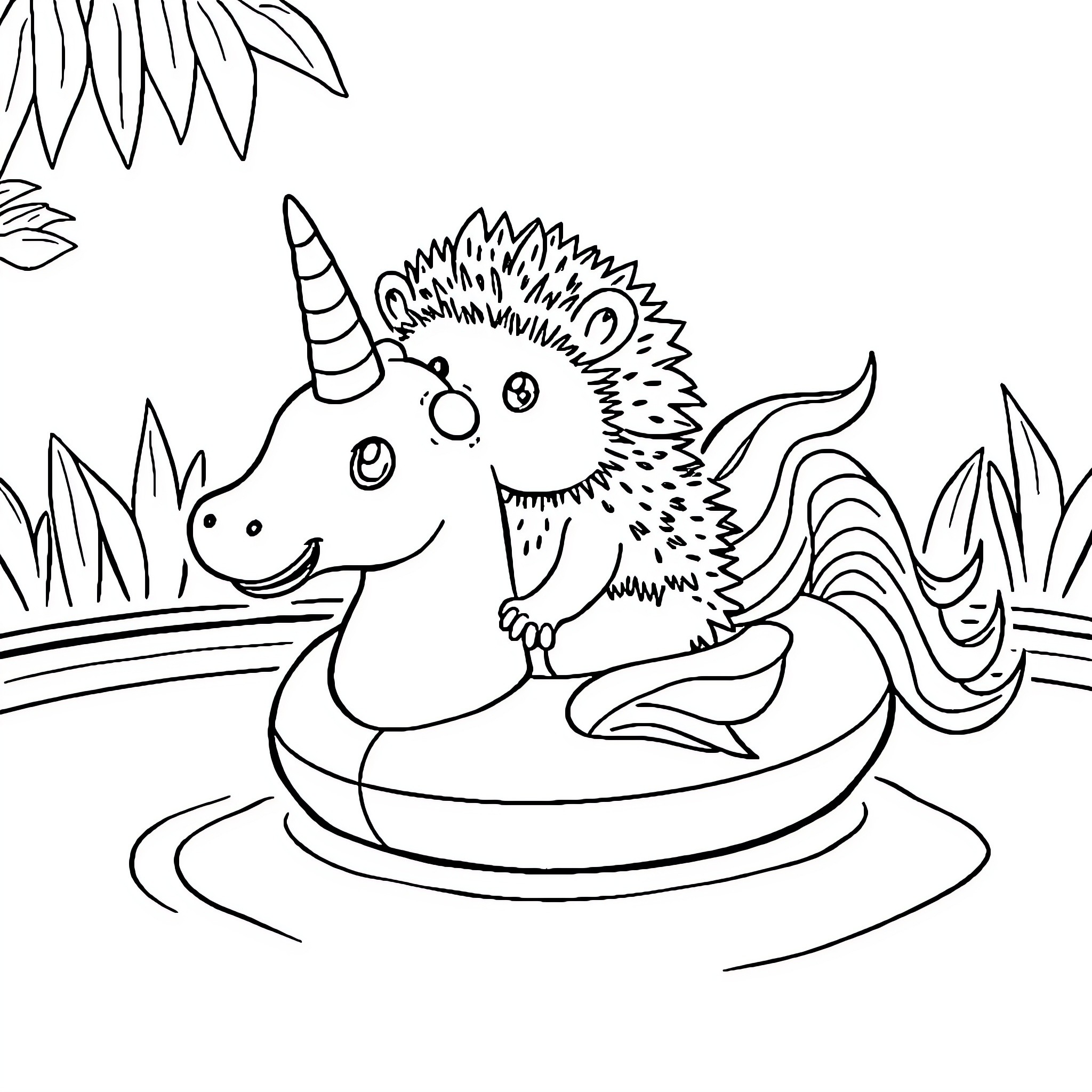 Hedgehog unicorn swimming in lake Coloring Page (free black-and-white line drawing printable PDF for all, from beginners to advanced learners, including children, teens, adults, and seniors)